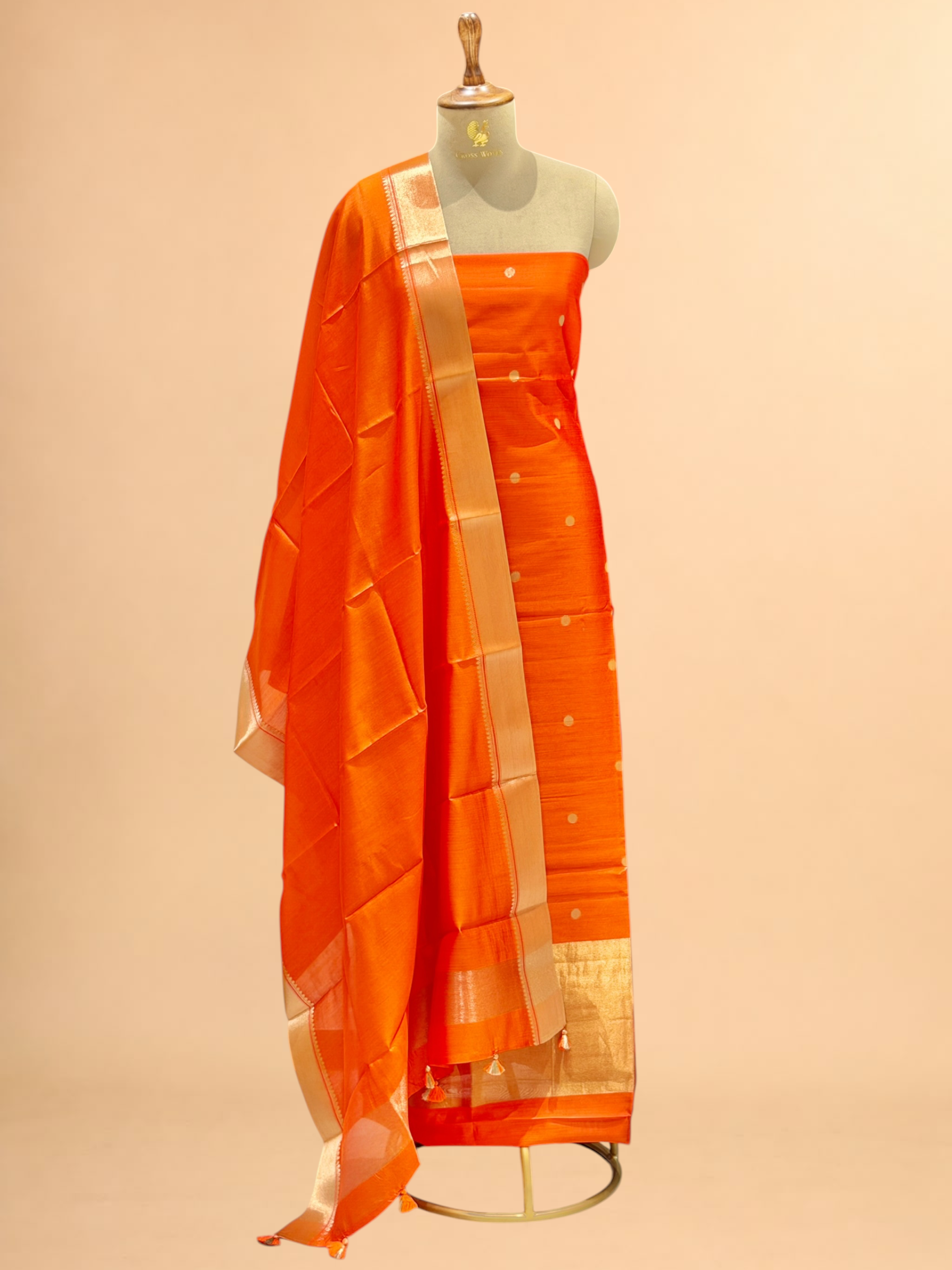 Orange Soft Silk Suit Set With Zari Border Dupatta