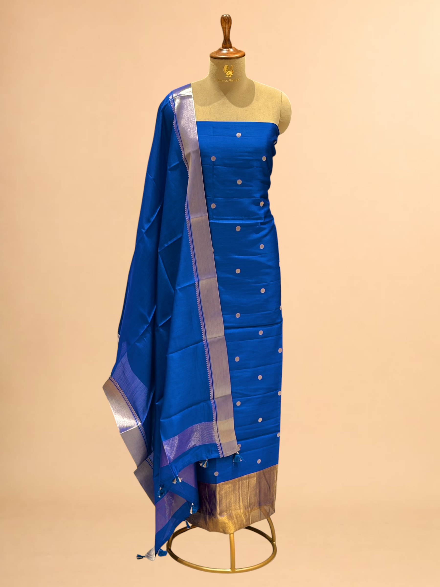 Navy Blue Soft Silk Suit Set With Zari Border Dupatta