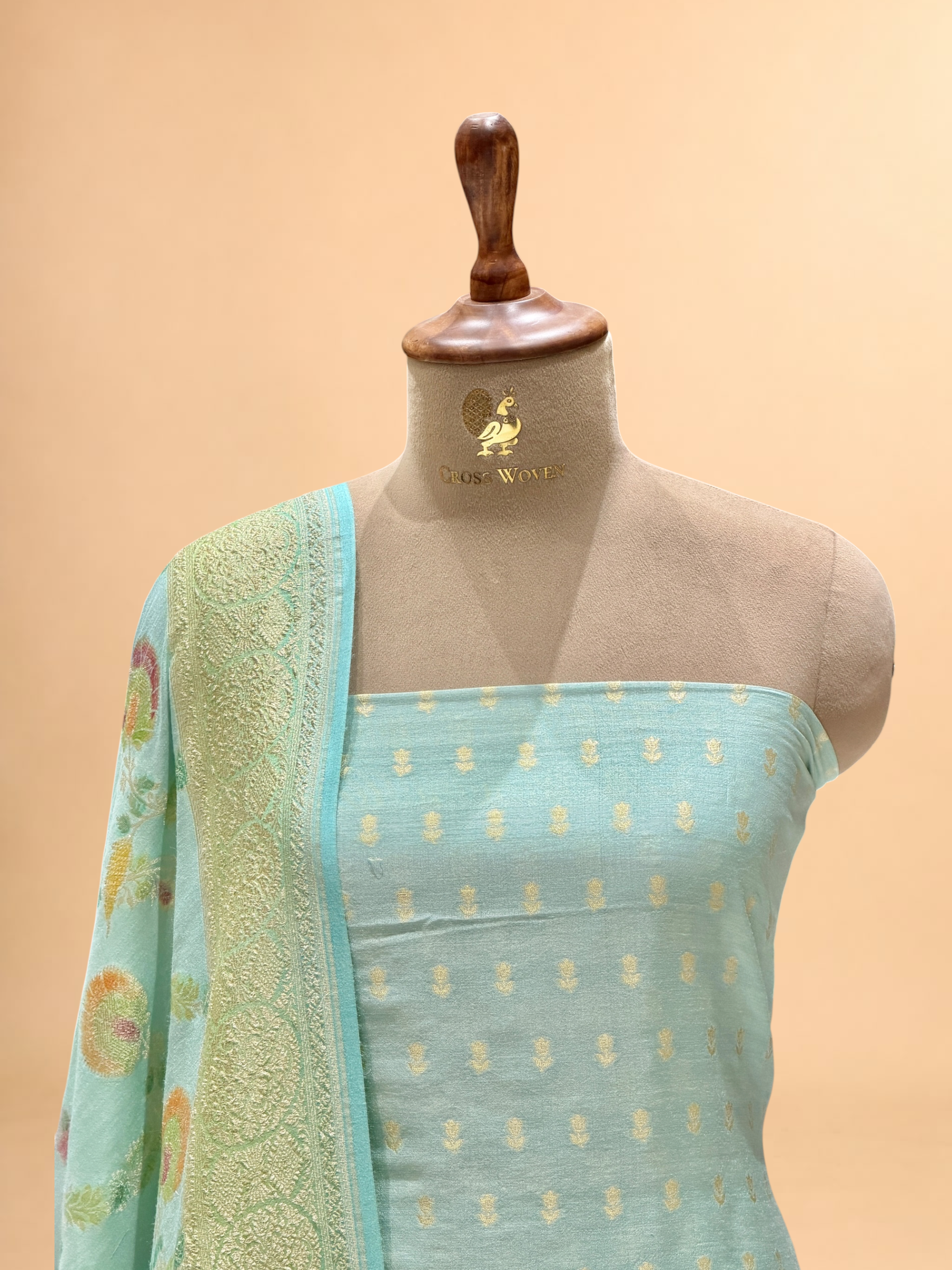 Aqua Blue Munga Silk Suit Set With Handbrush Dupatta