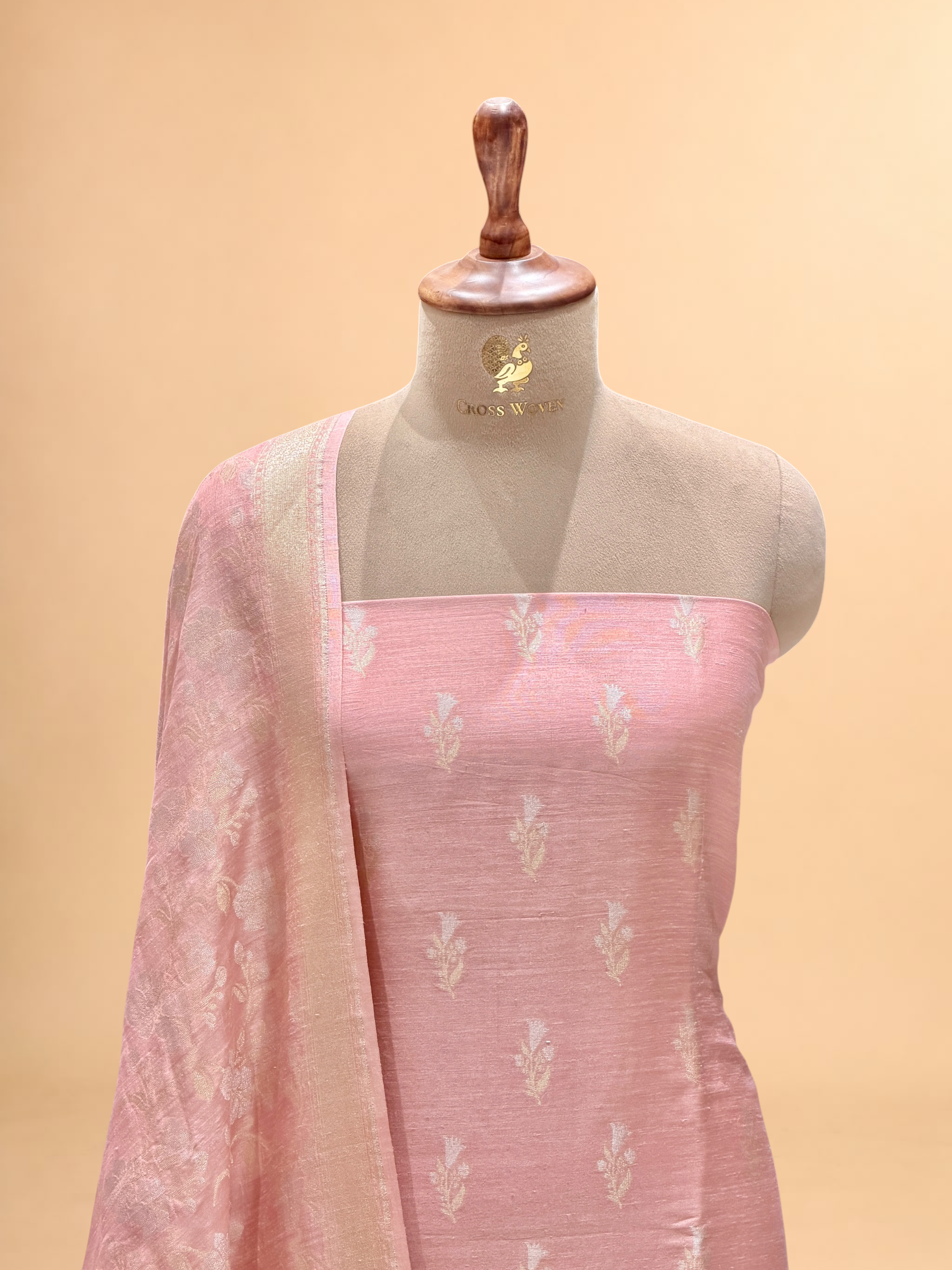 Peach Pink Munga Silk Suit Set With Sona-Rupa Dupatta
