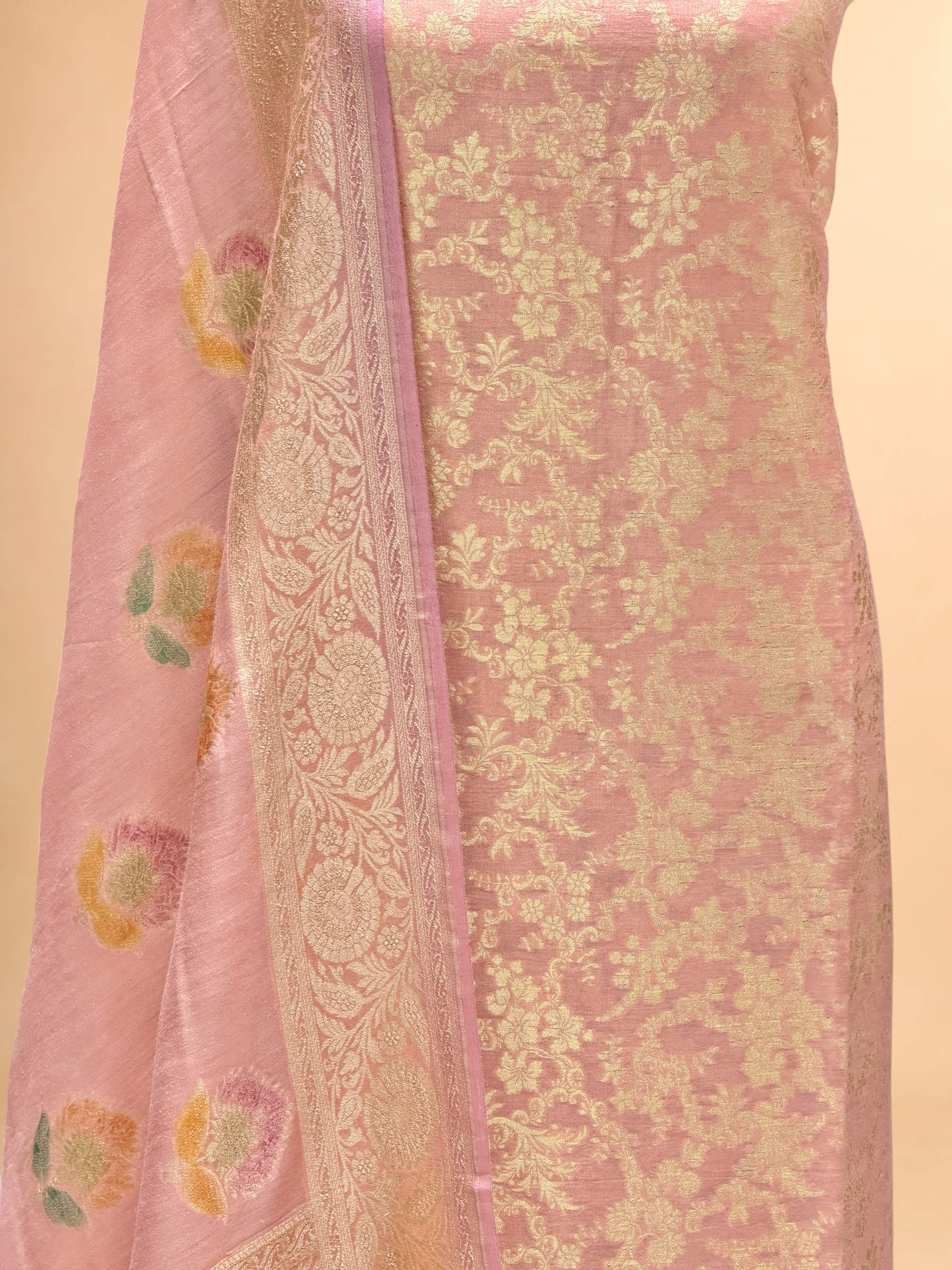 Peach Pink Munga Silk Suit Set With Handbrush Dupatta