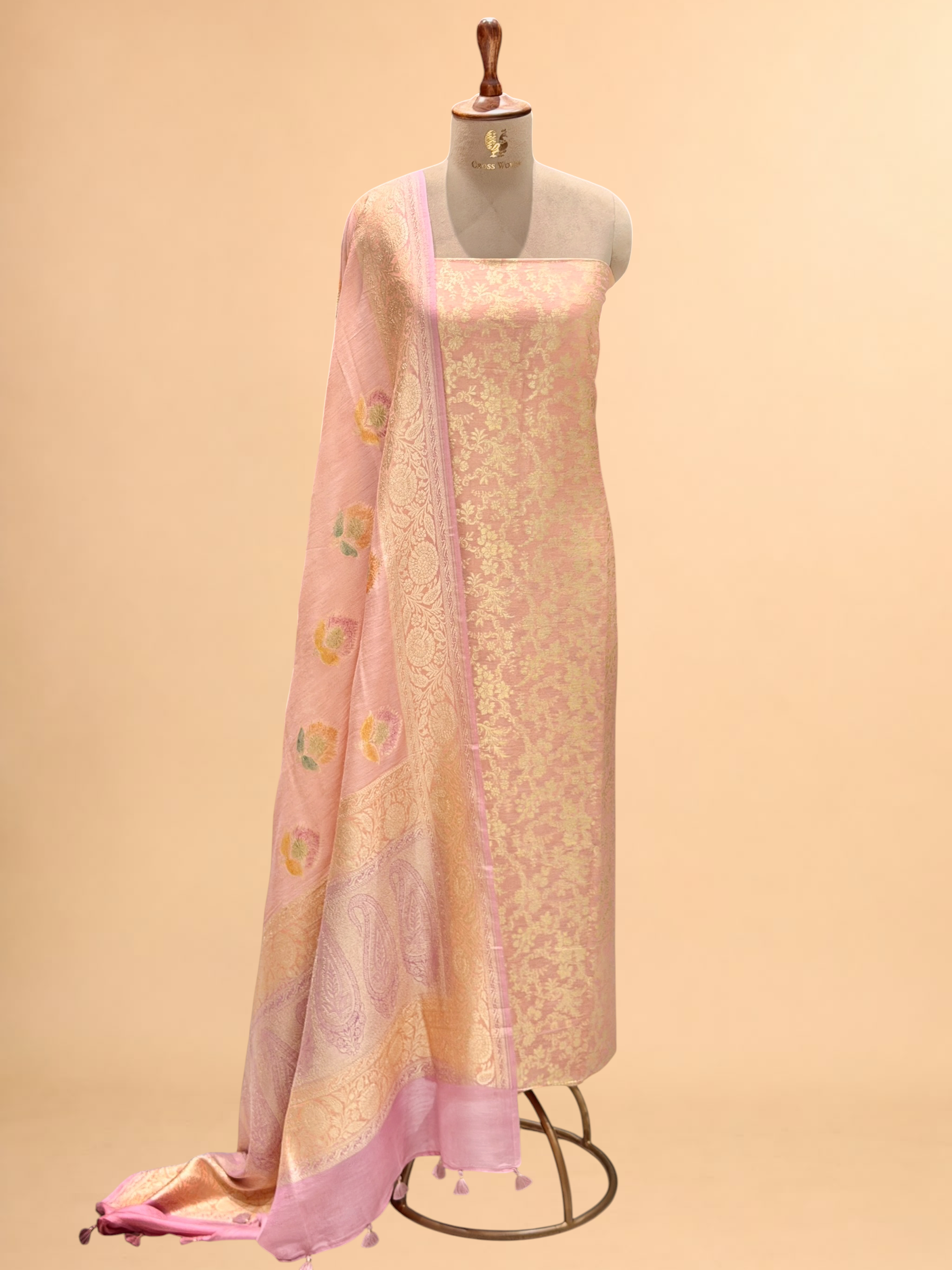 Peach Pink Munga Silk Suit Set With Handbrush Dupatta