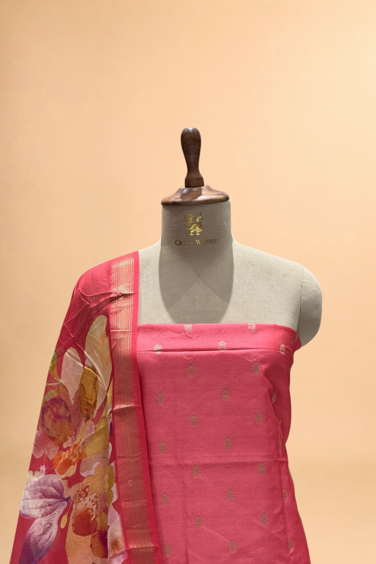 Coral Red Chanderi Silk Suit Set With Printed Dupatta