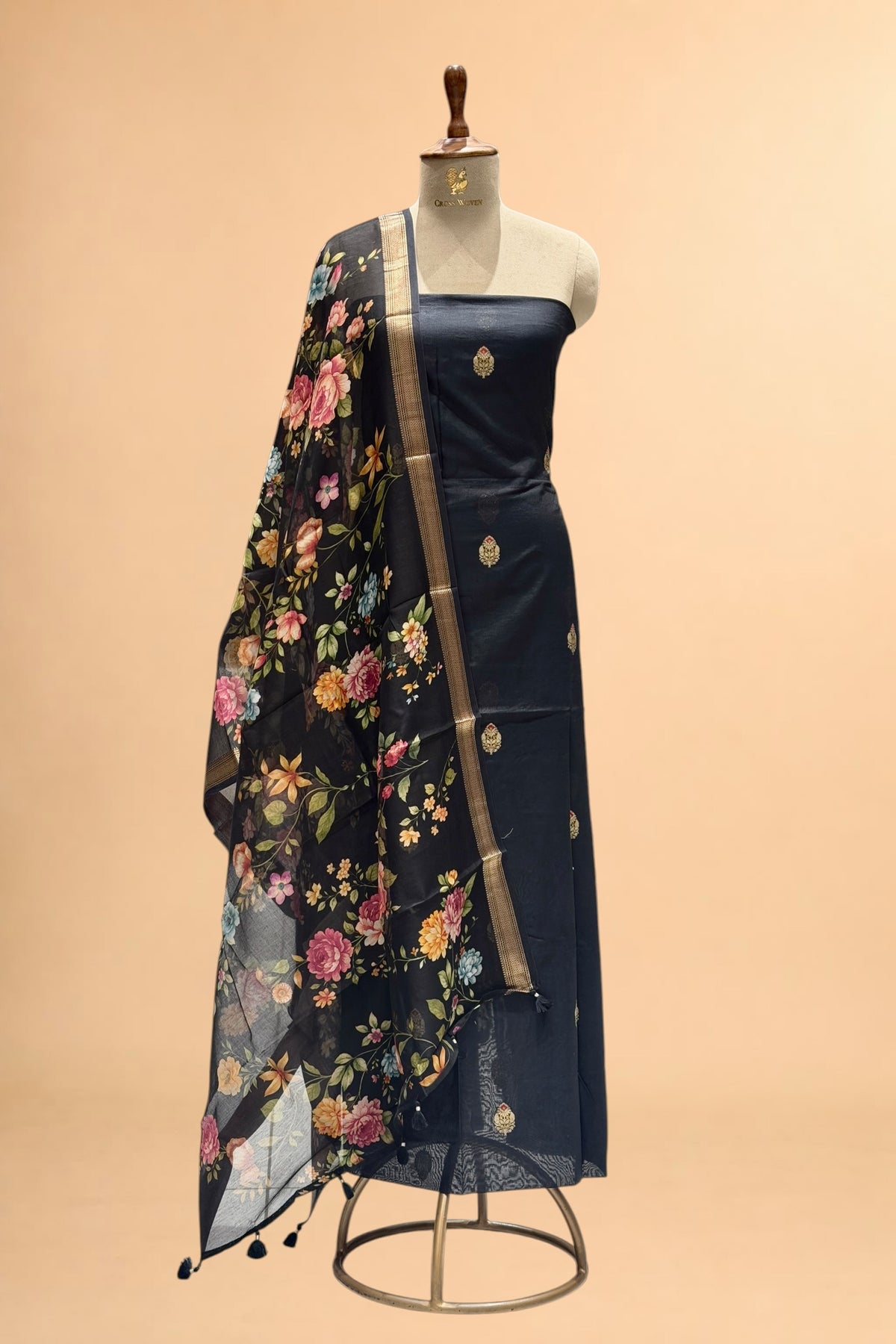 Black Chanderi Silk Suit Set With Printed Dupatta