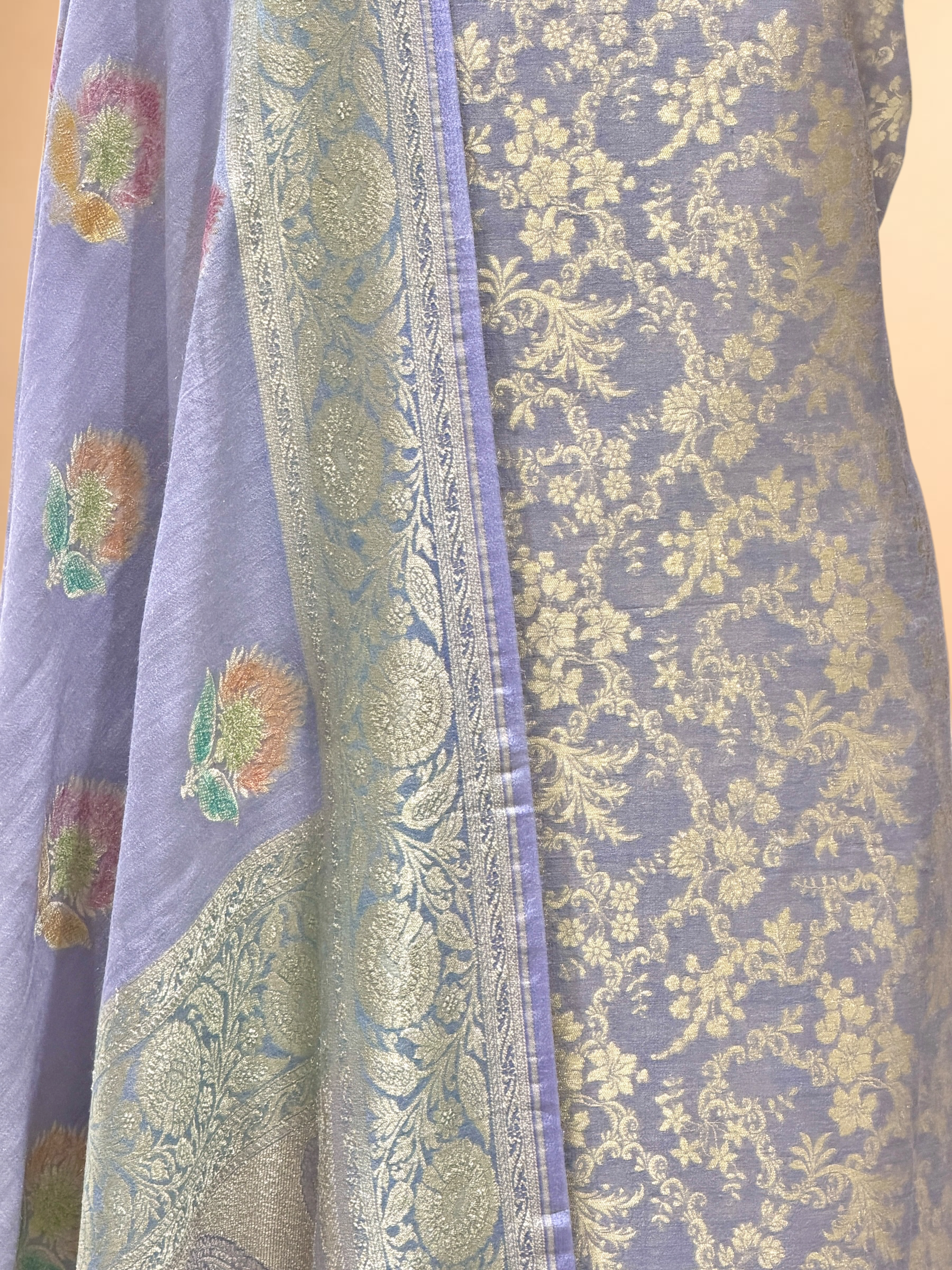 Lavender Munga Silk Suit Set With Handbrush Dupatta
