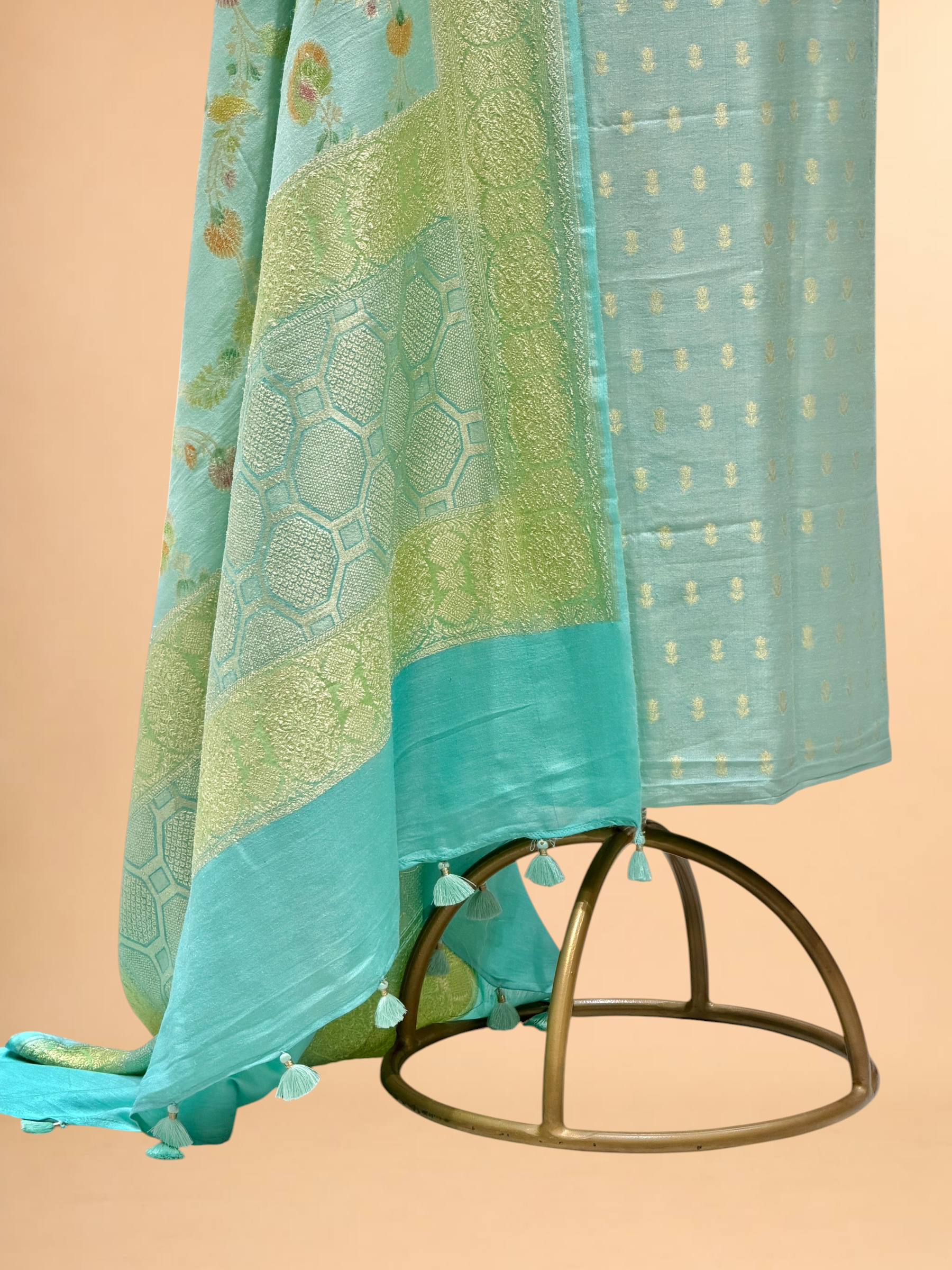Aqua Blue Munga Silk Suit Set With Handbrush Dupatta