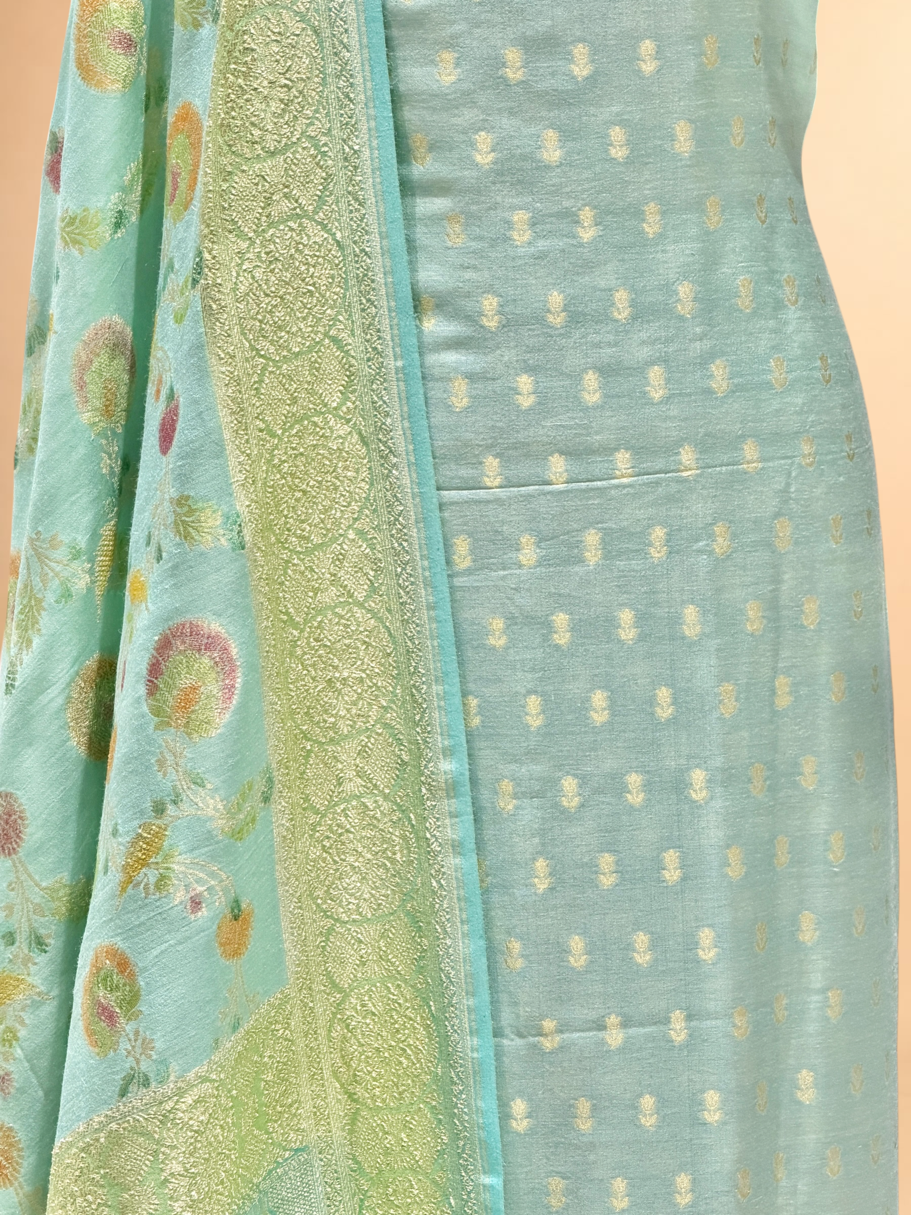 Aqua Blue Munga Silk Suit Set With Handbrush Dupatta