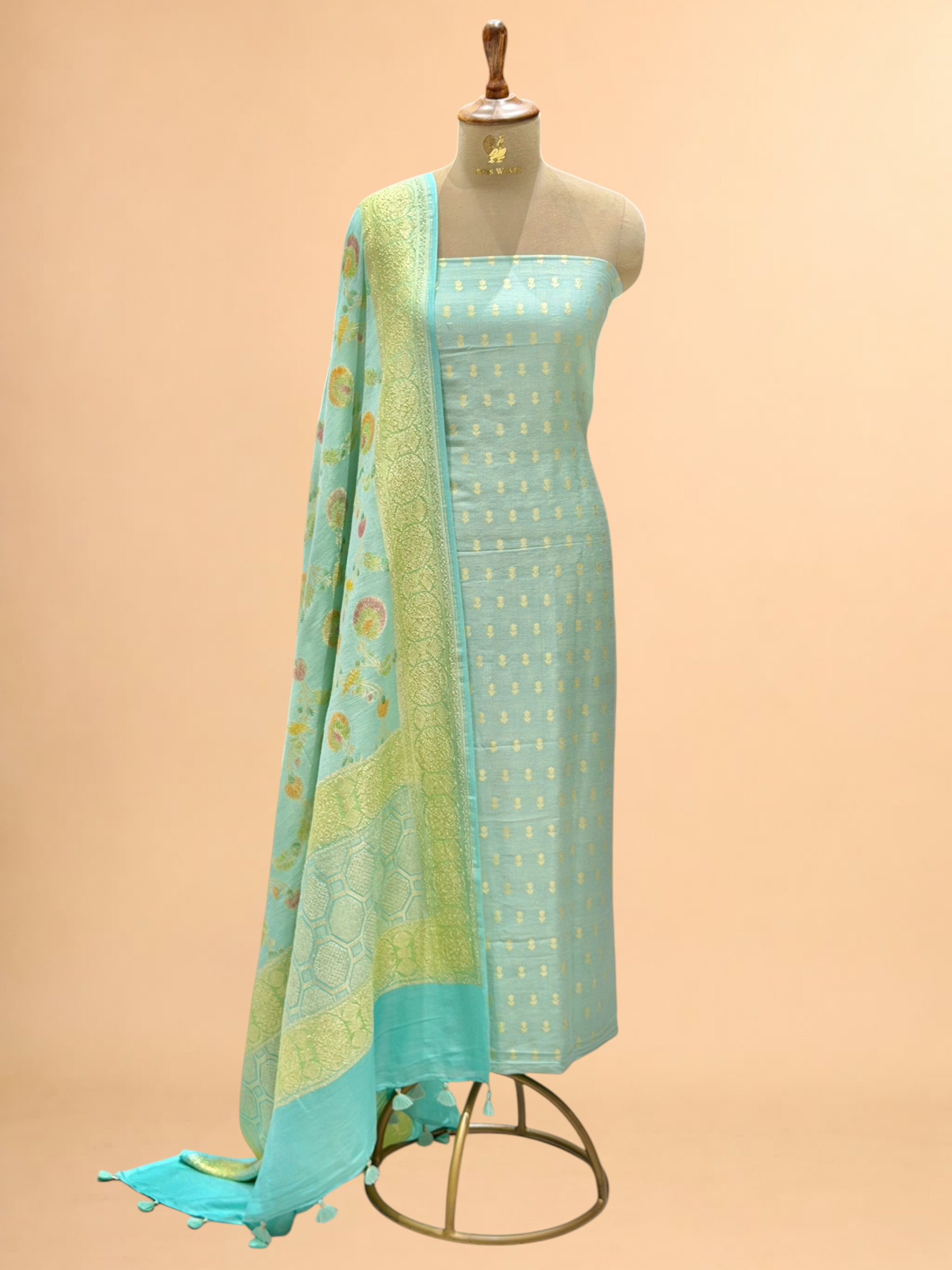 Aqua Blue Munga Silk Suit Set With Handbrush Dupatta