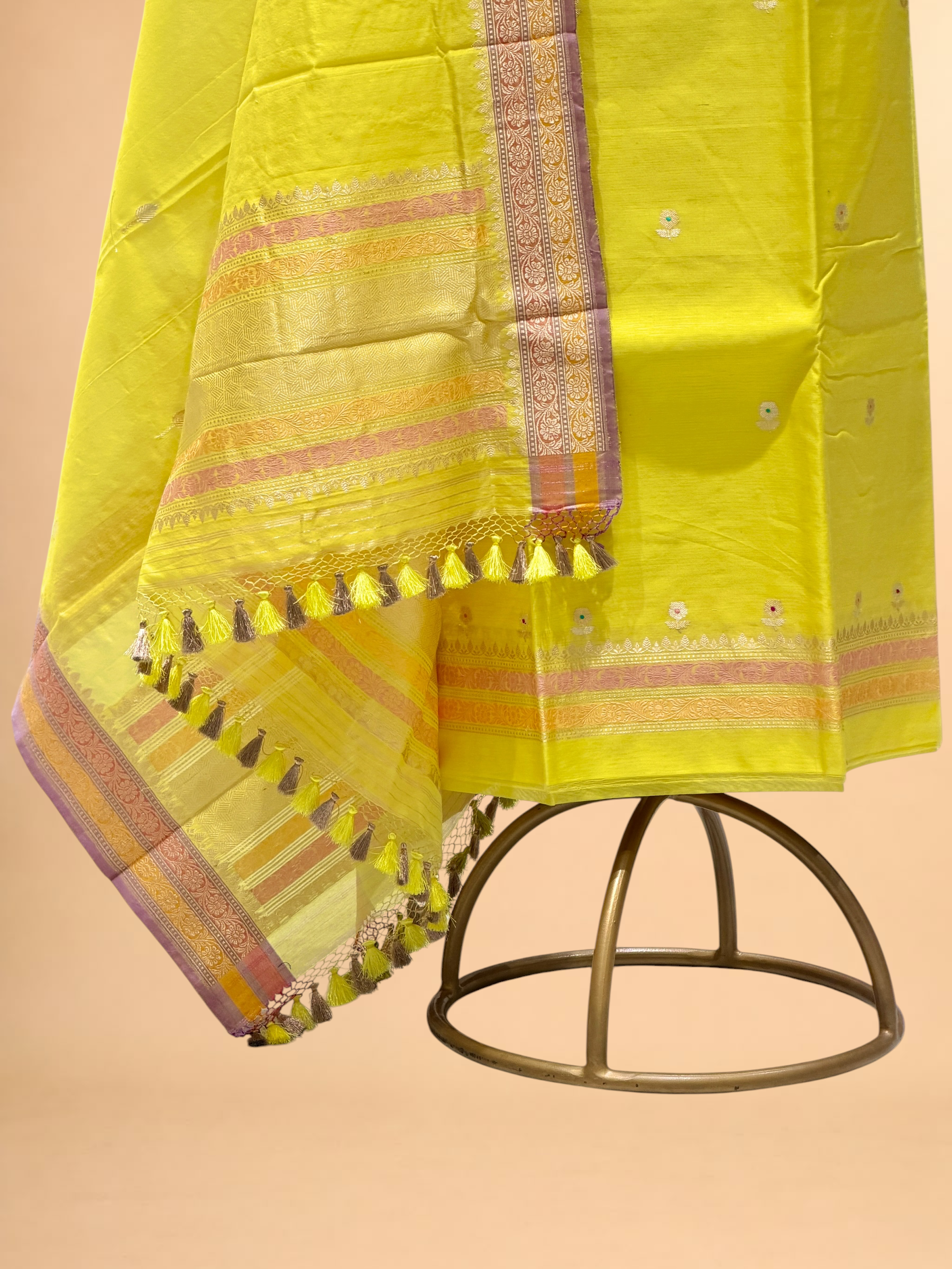 Bright Yellow Premium Cotton Banarasi Suit With Meenakari Floral Motif