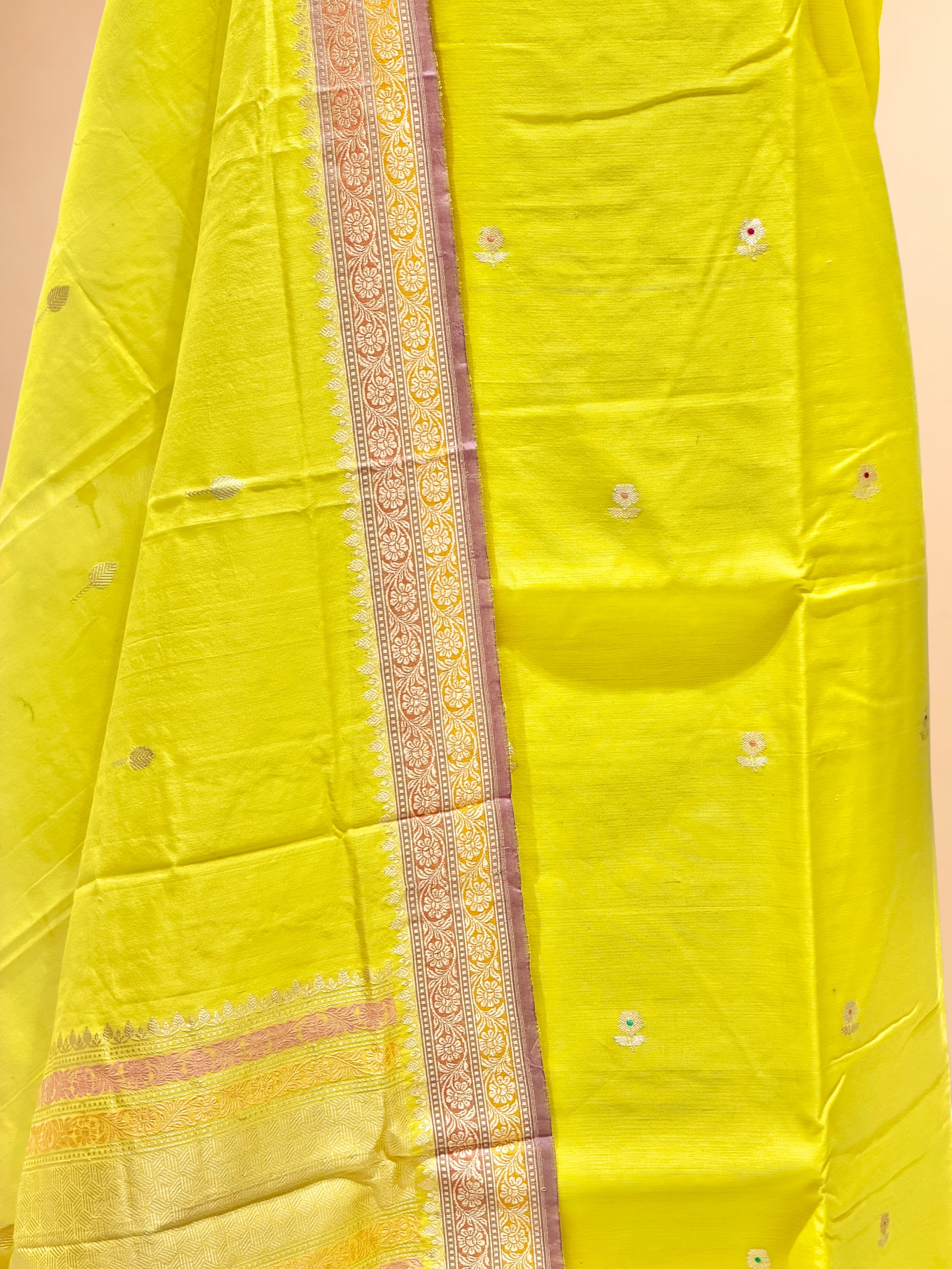 Bright Yellow Premium Cotton Banarasi Suit With Meenakari Floral Motif