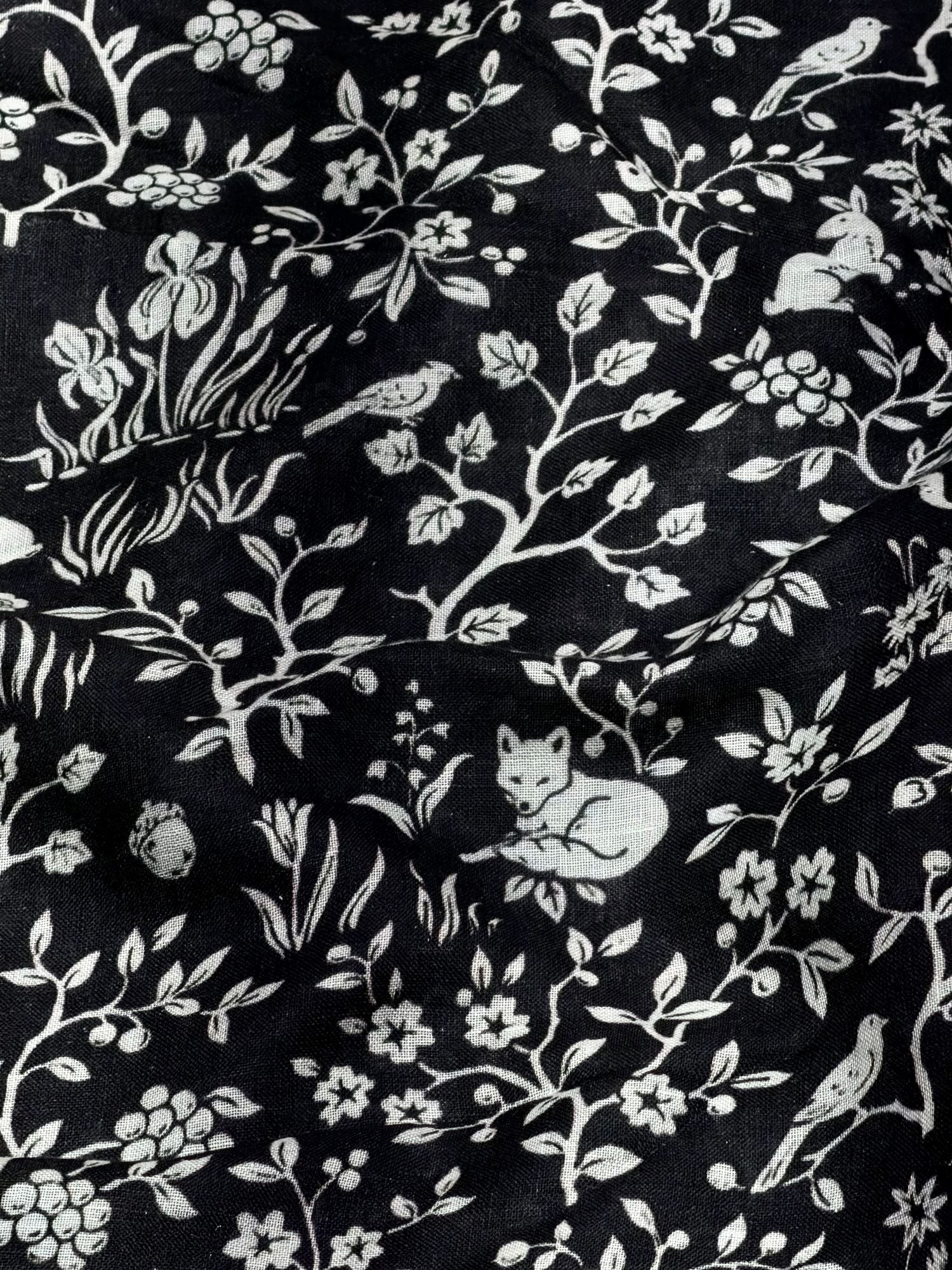 Black Linen Fabric with Floral Vines and Woodland Motifs
