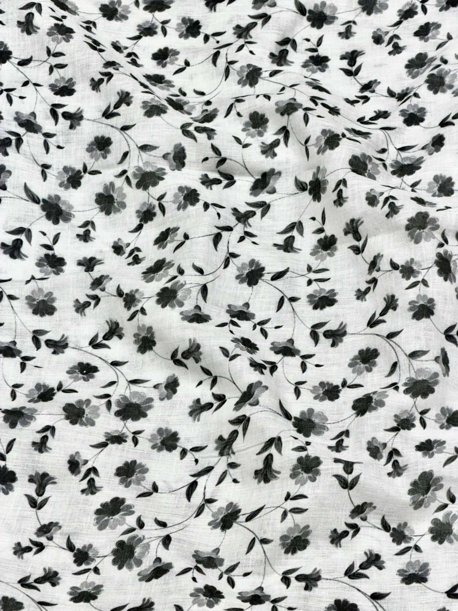 White Linen Printed Fabric with Monochrome Floral Vine Motifs
