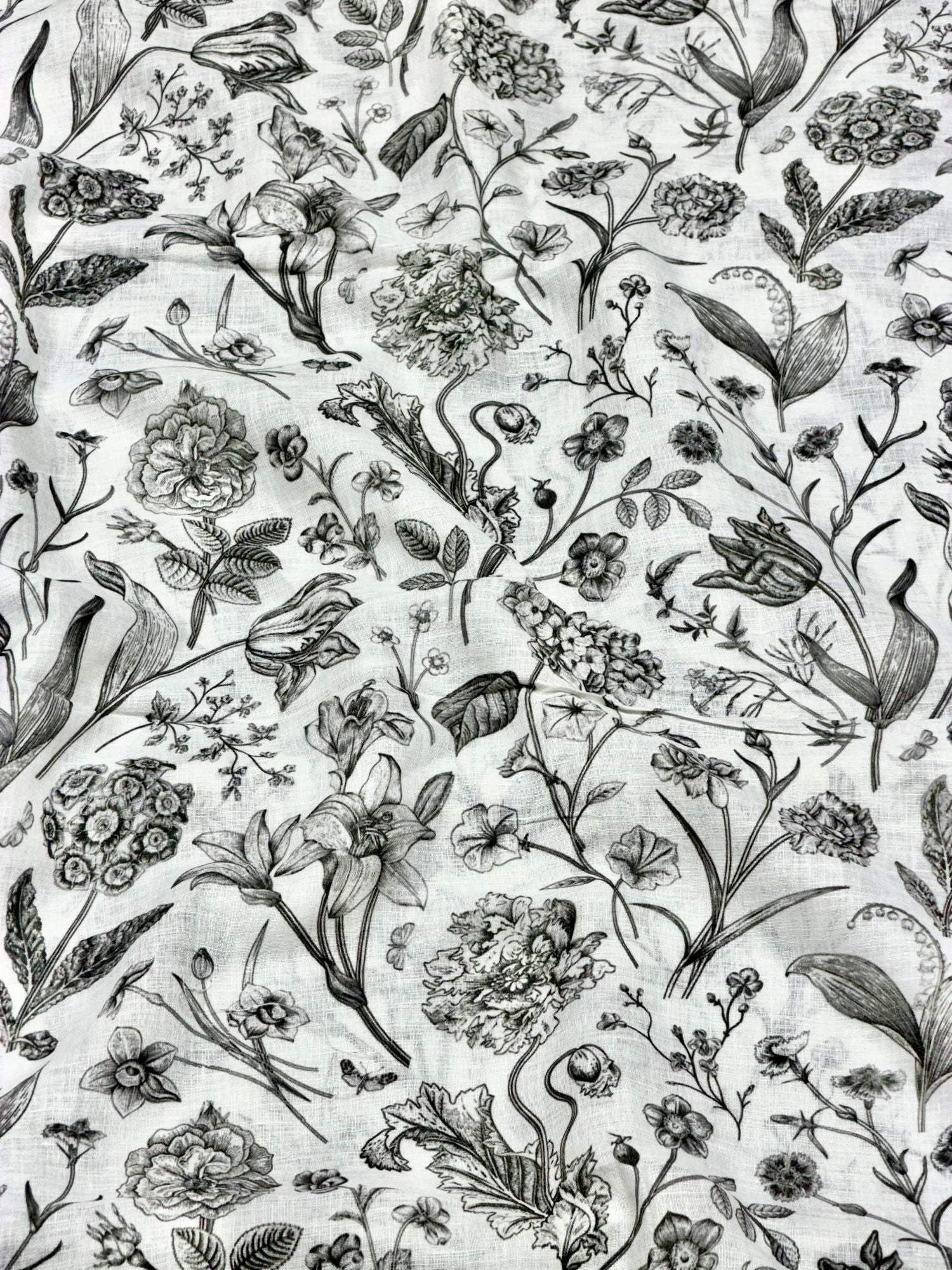 White Linen Printed Fabric with Vintage Botanical Floral Motifs