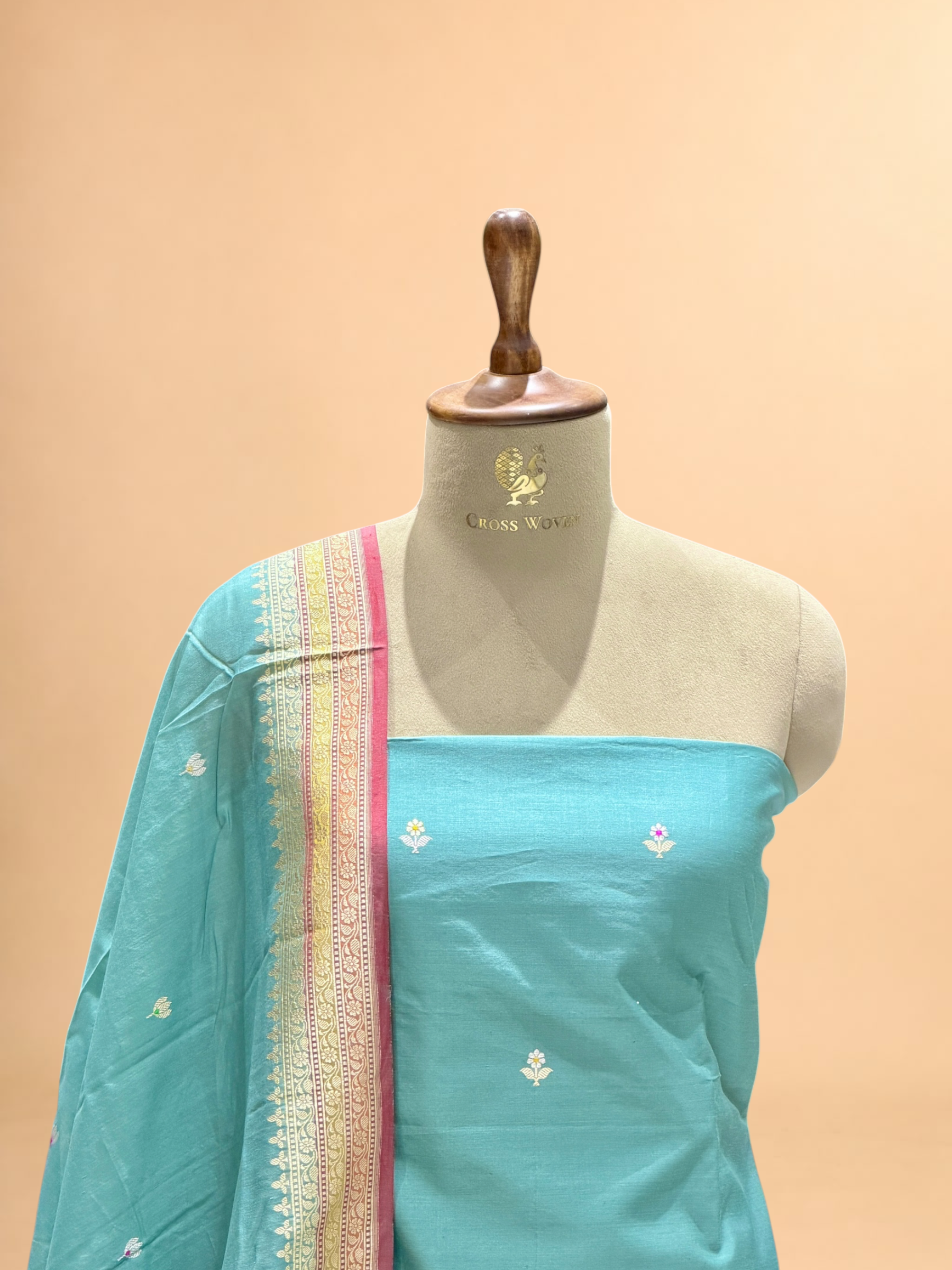 Sea Green Premium Cotton Banarasi Suit With Meenakari Floral Motif