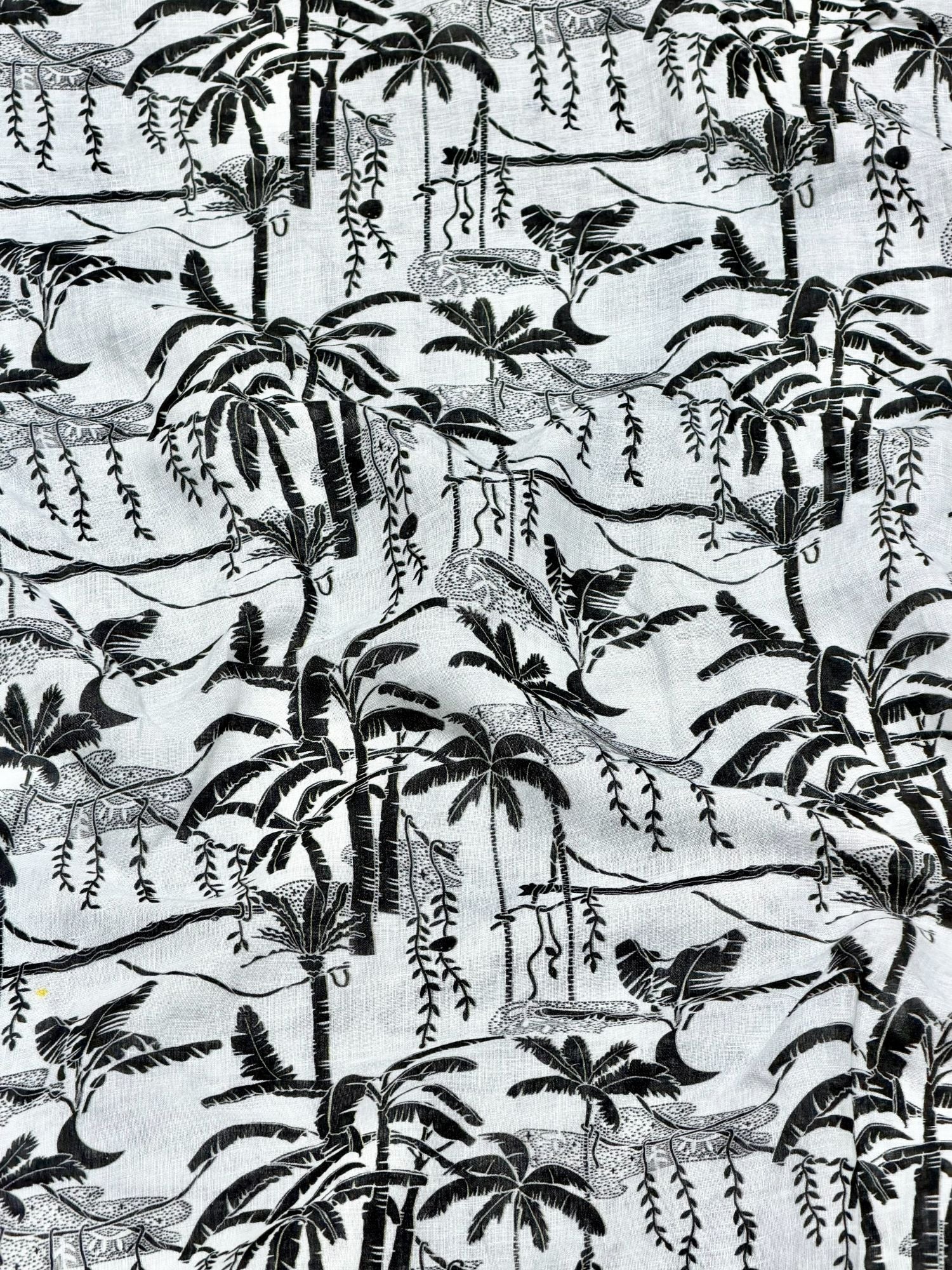 White Linen Printed Fabric with Tropical Palm Tree Motifs