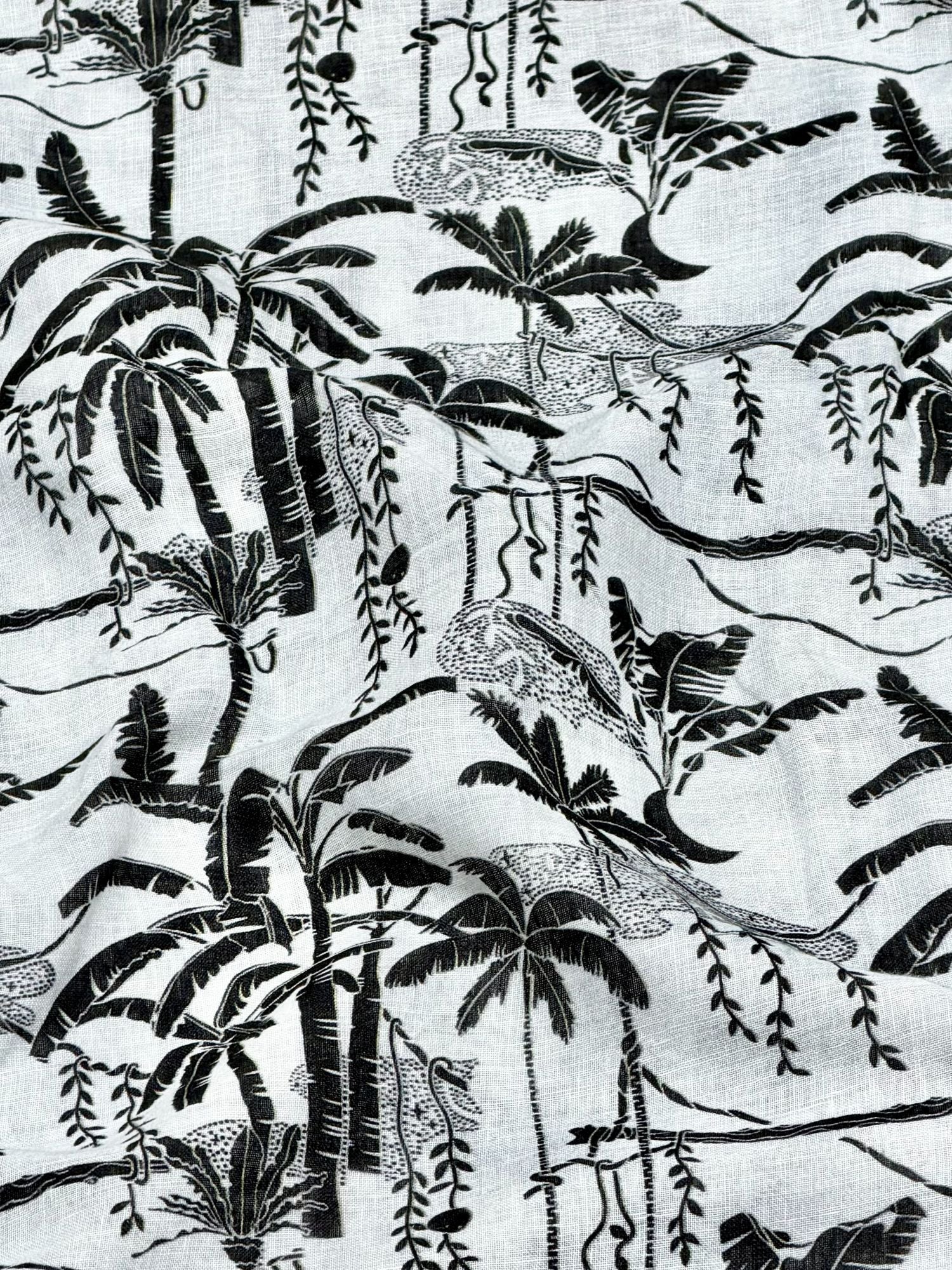 White Linen Printed Fabric with Tropical Palm Tree Motifs