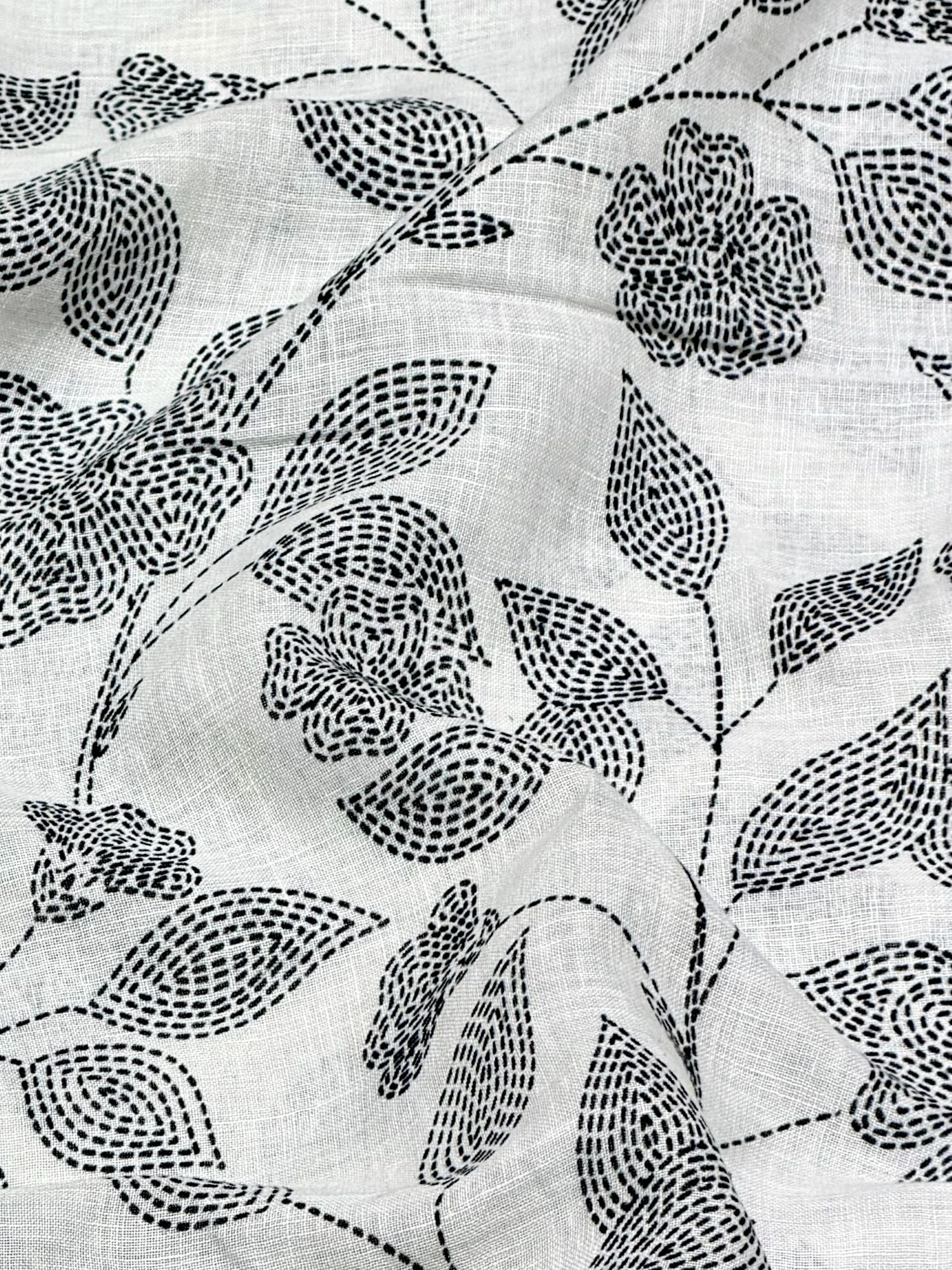 White Linen Printed Fabric with Floral Vine Motifs