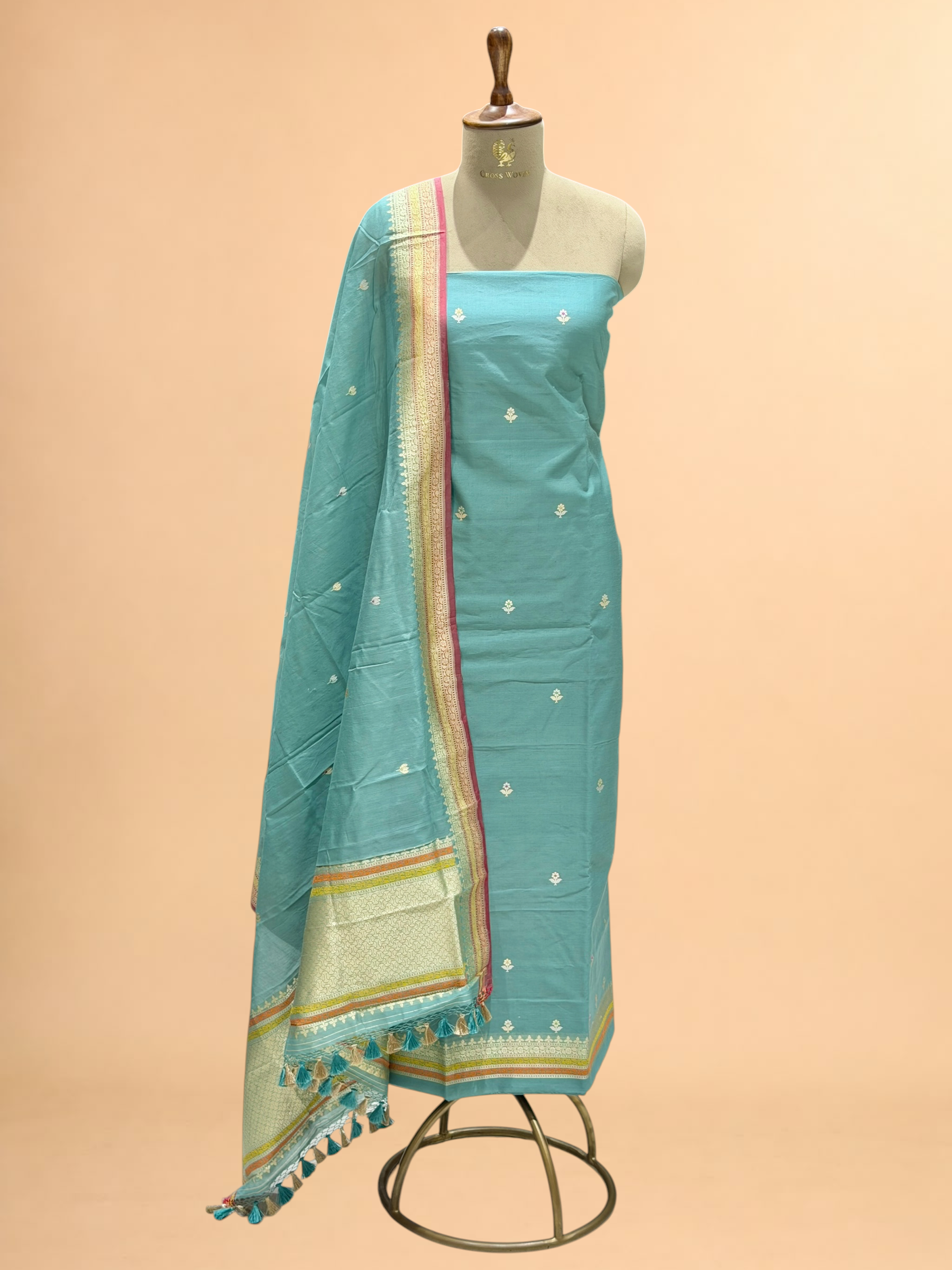 Sea Green Premium Cotton Banarasi Suit With Meenakari Floral Motif