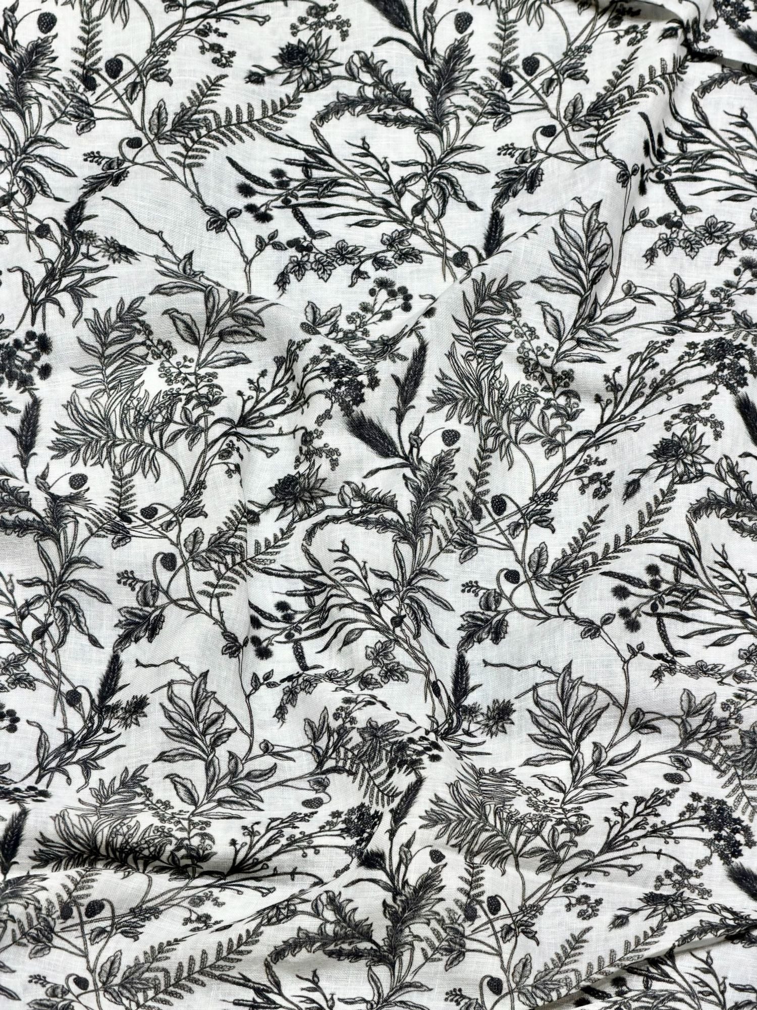 White Linen Printed Fabric with Wild Botanical Floral Motifs