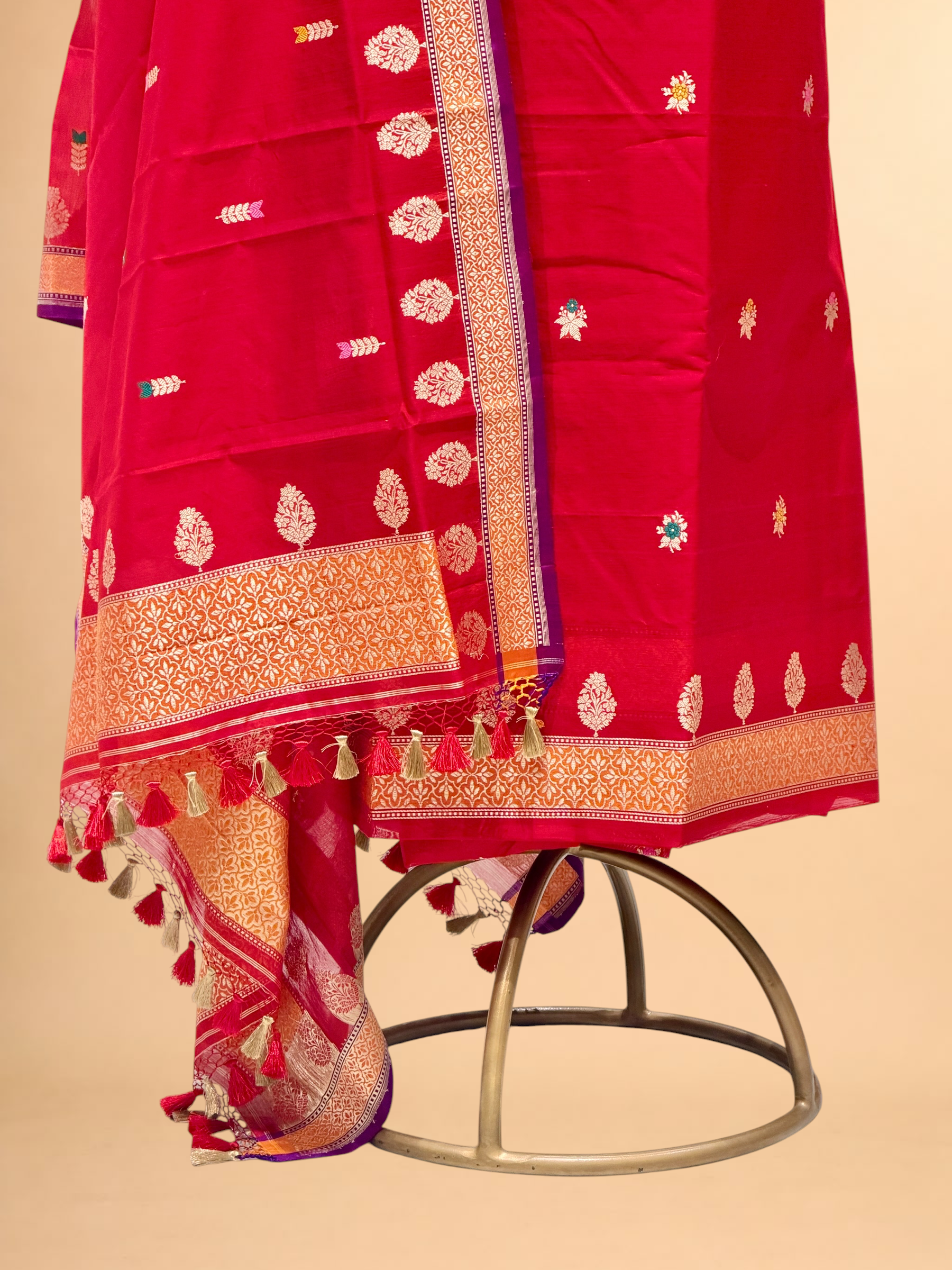 Red Premium Cotton Banarasi Suit With Meenakari Floral Motif