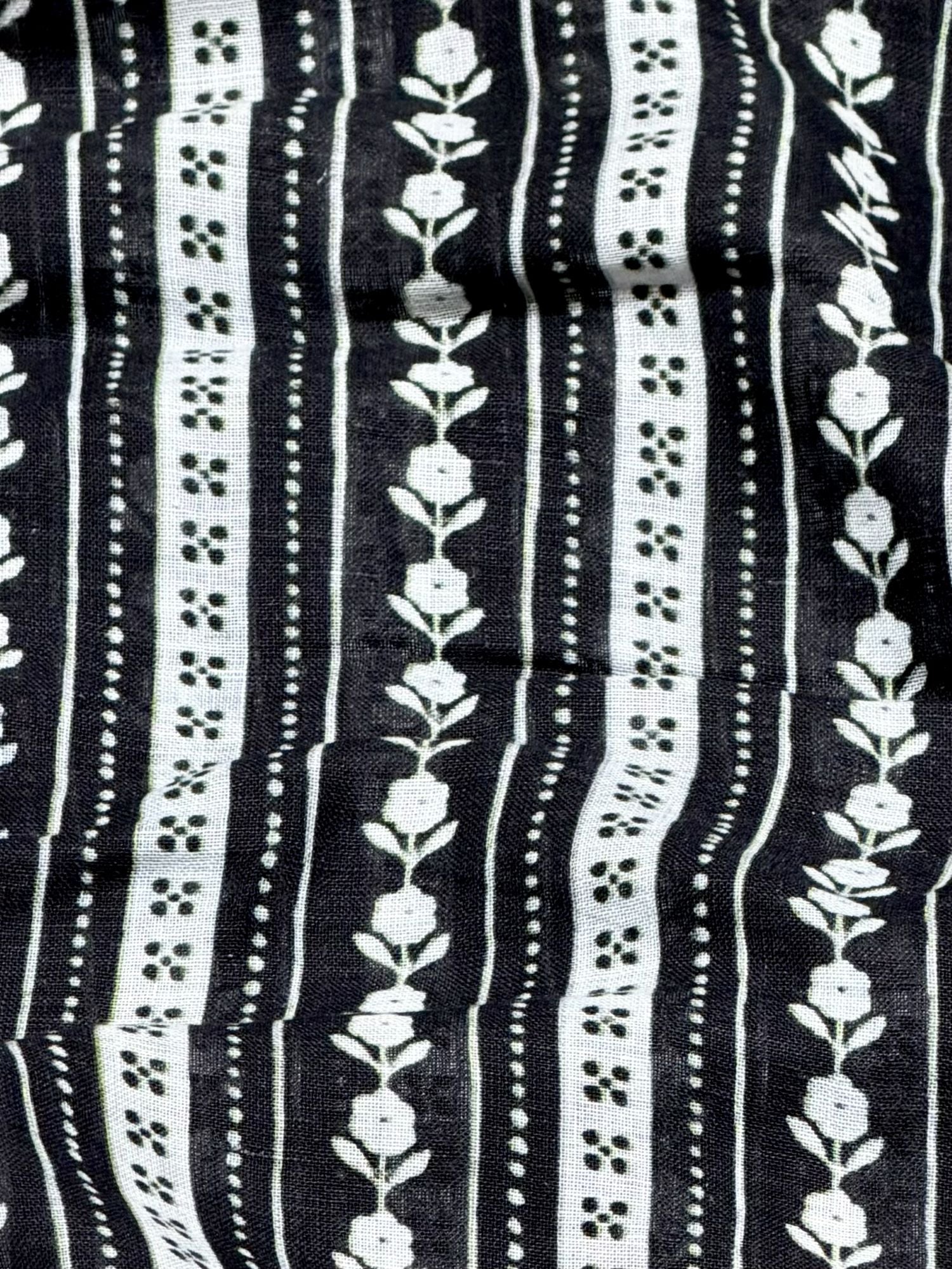 Black Linen Printed Fabric with Floral Stripe Motifs