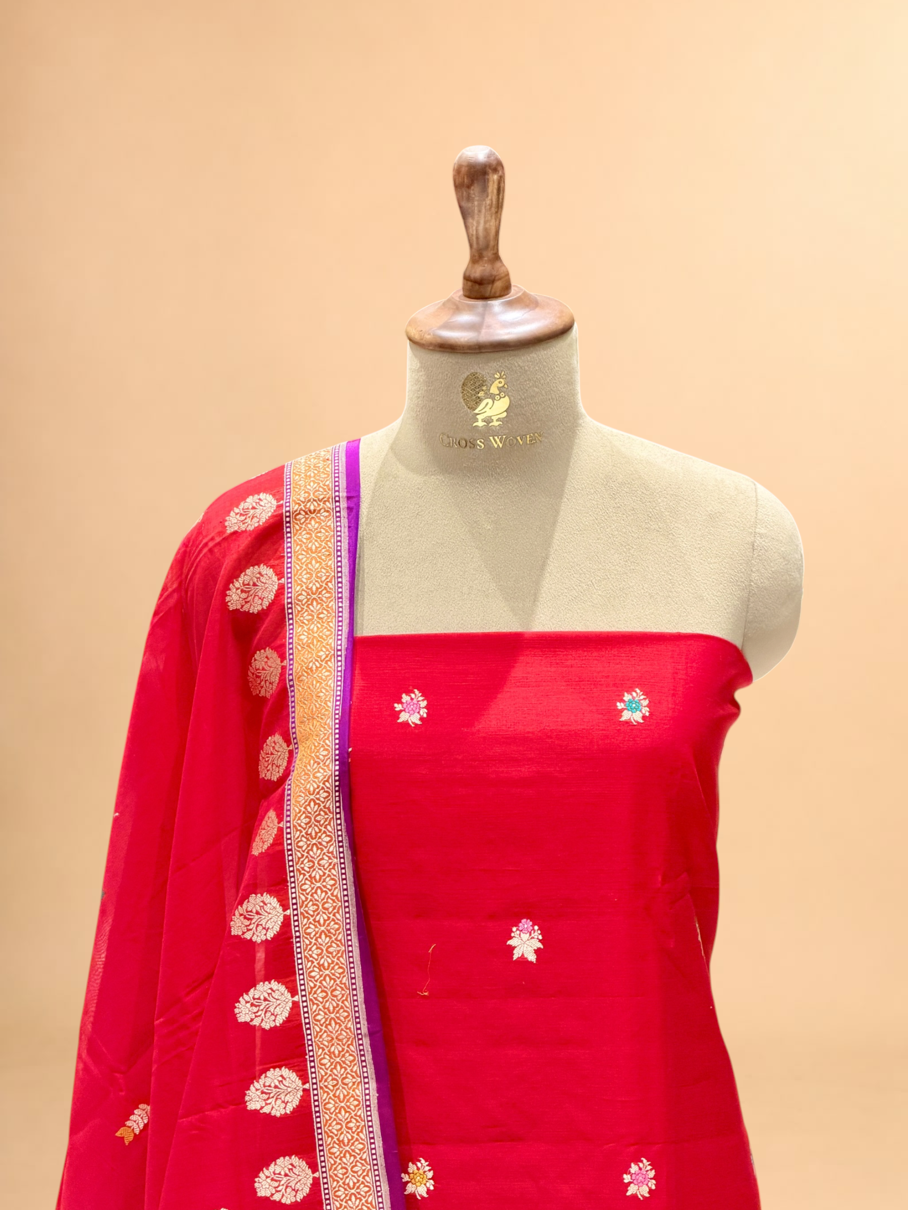 Red Premium Cotton Banarasi Suit With Meenakari Floral Motif