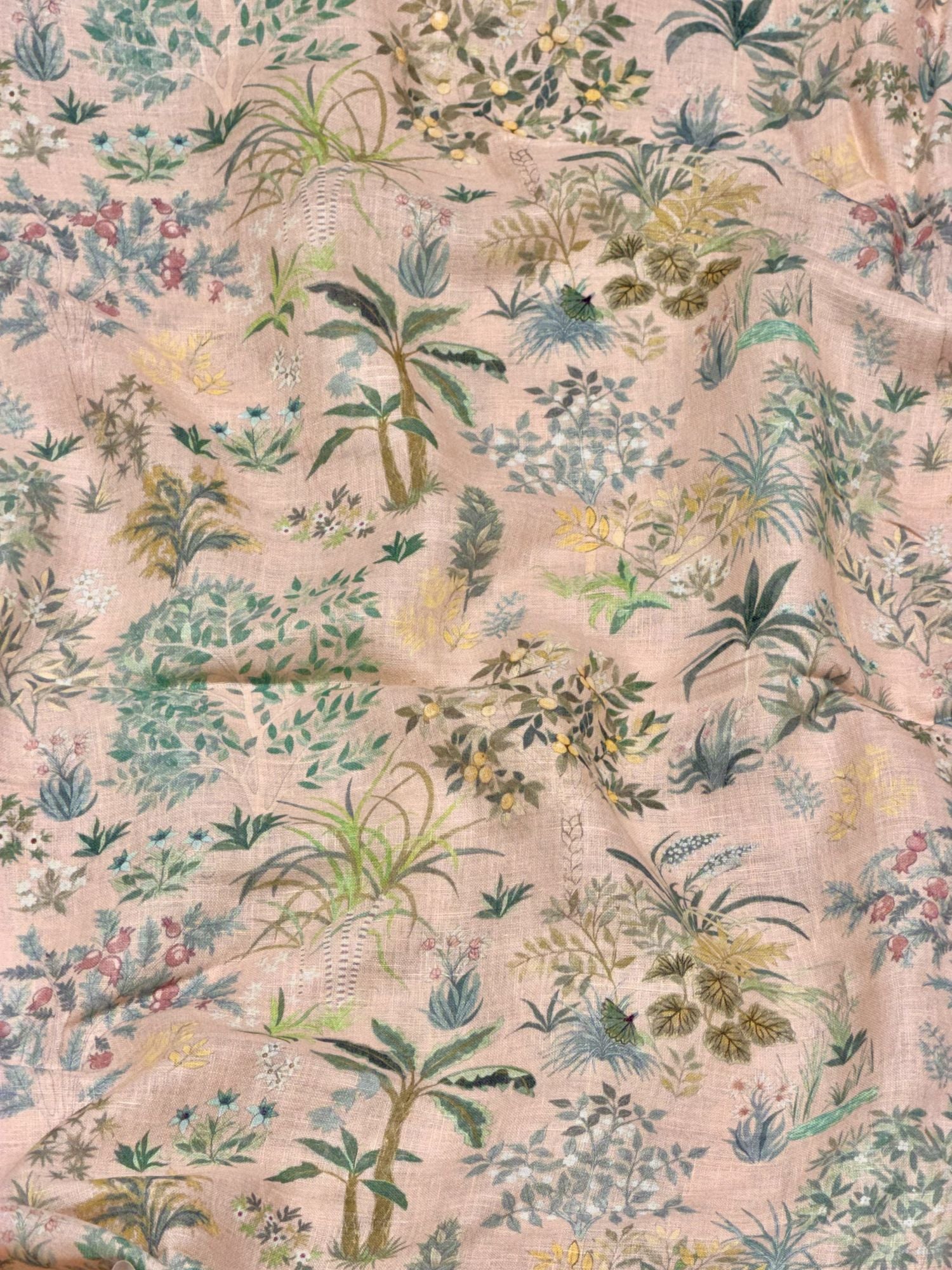 Peach Pink Linen Printed Fabric with Botanical Motifs