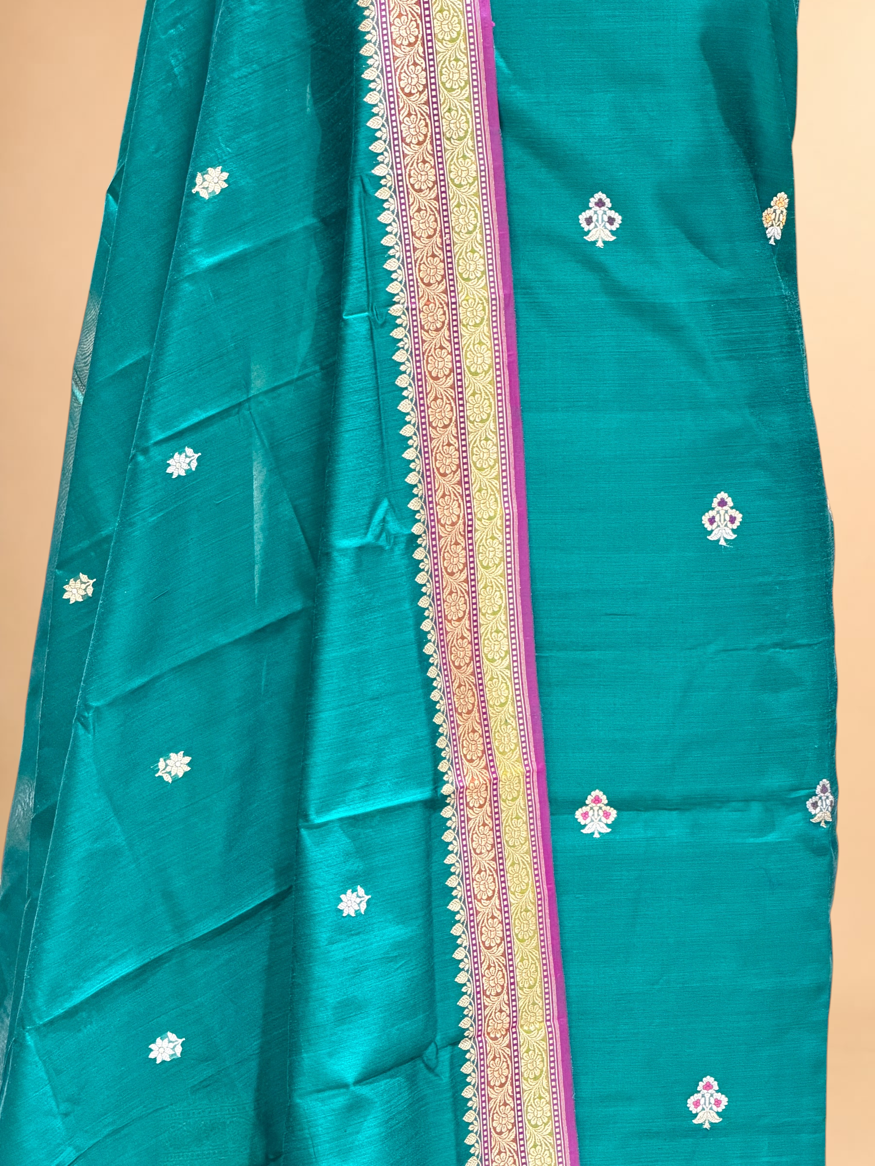 Teal Blue Premium Cotton Banarasi Suit With Meenakari Floral Motif