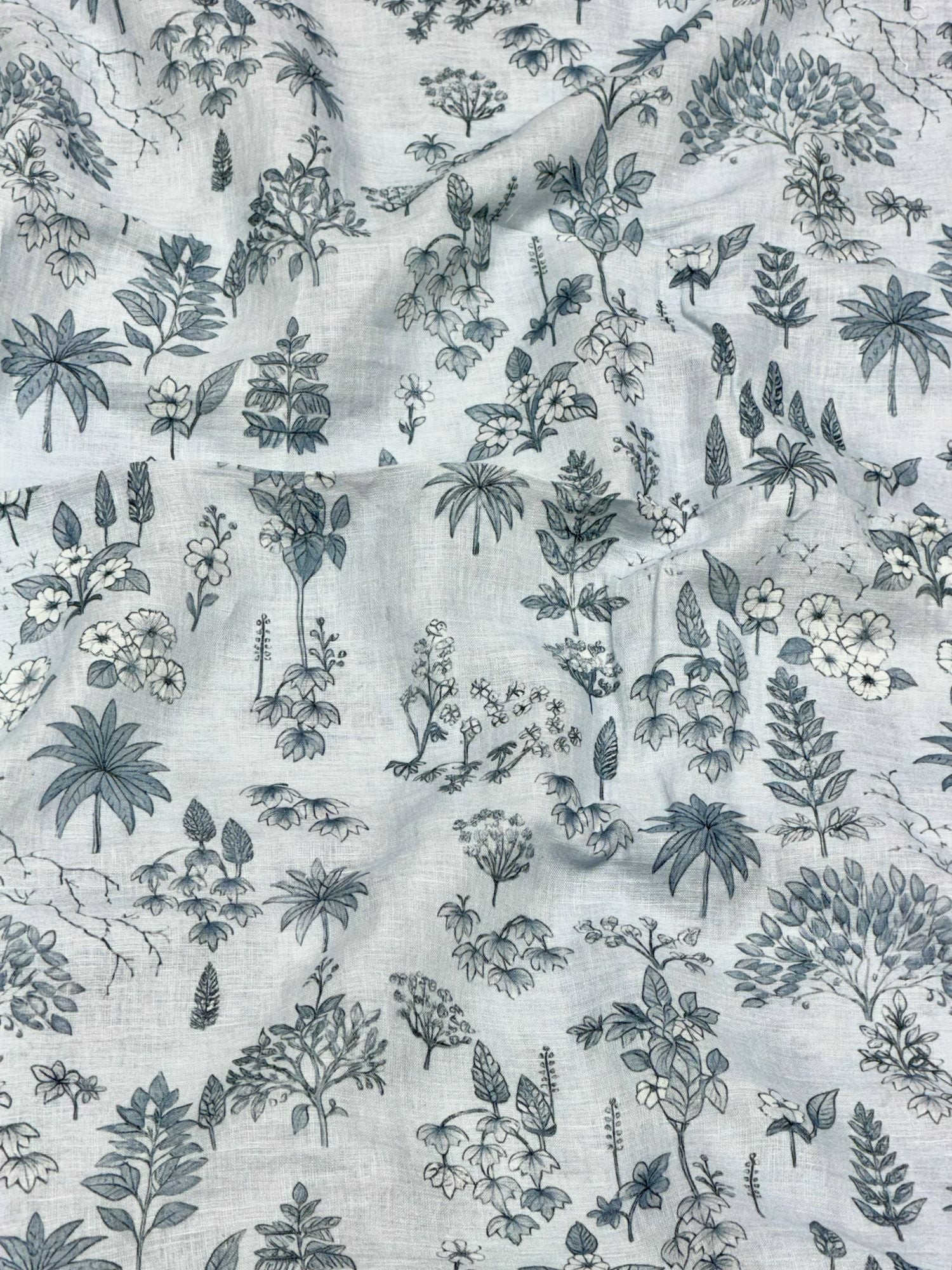 Off-White Linen Printed Fabric with Botanical Garden Motifs