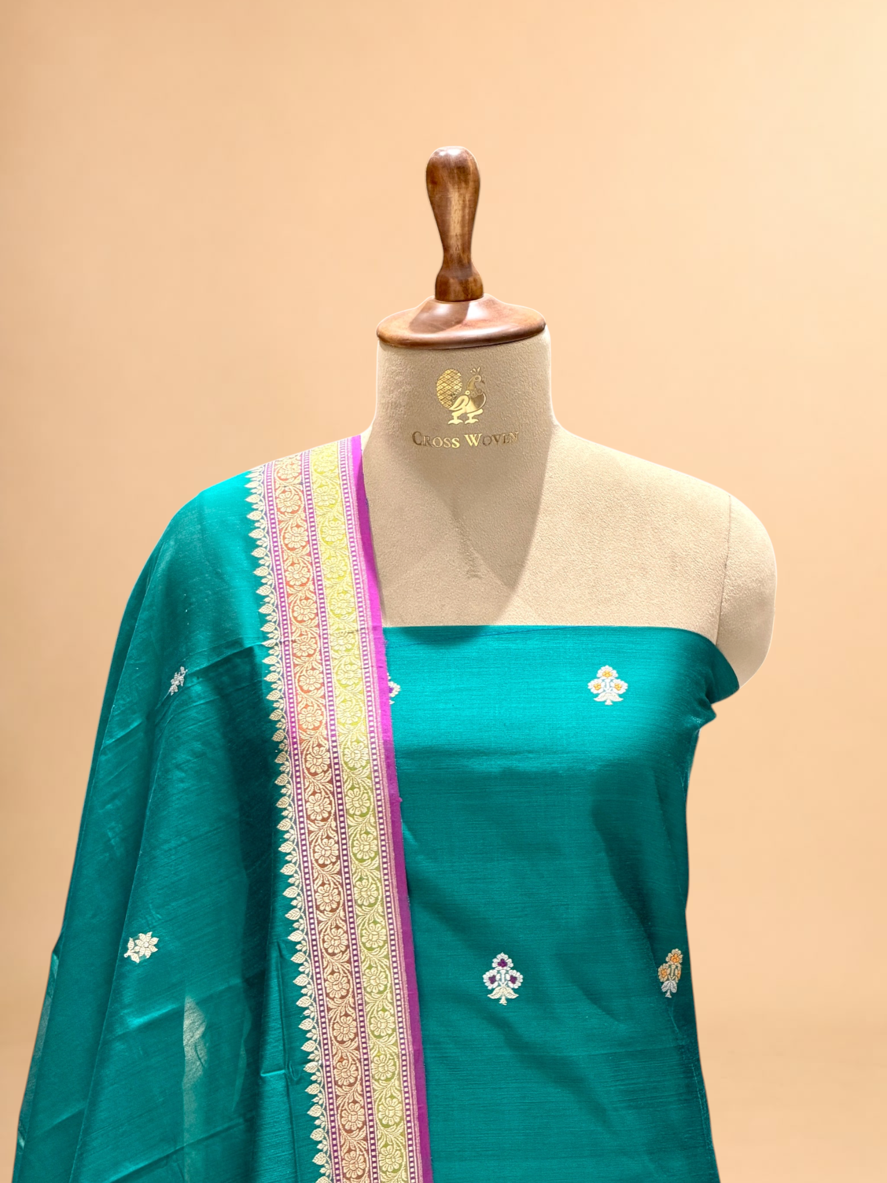 Teal Blue Premium Cotton Banarasi Suit With Meenakari Floral Motif