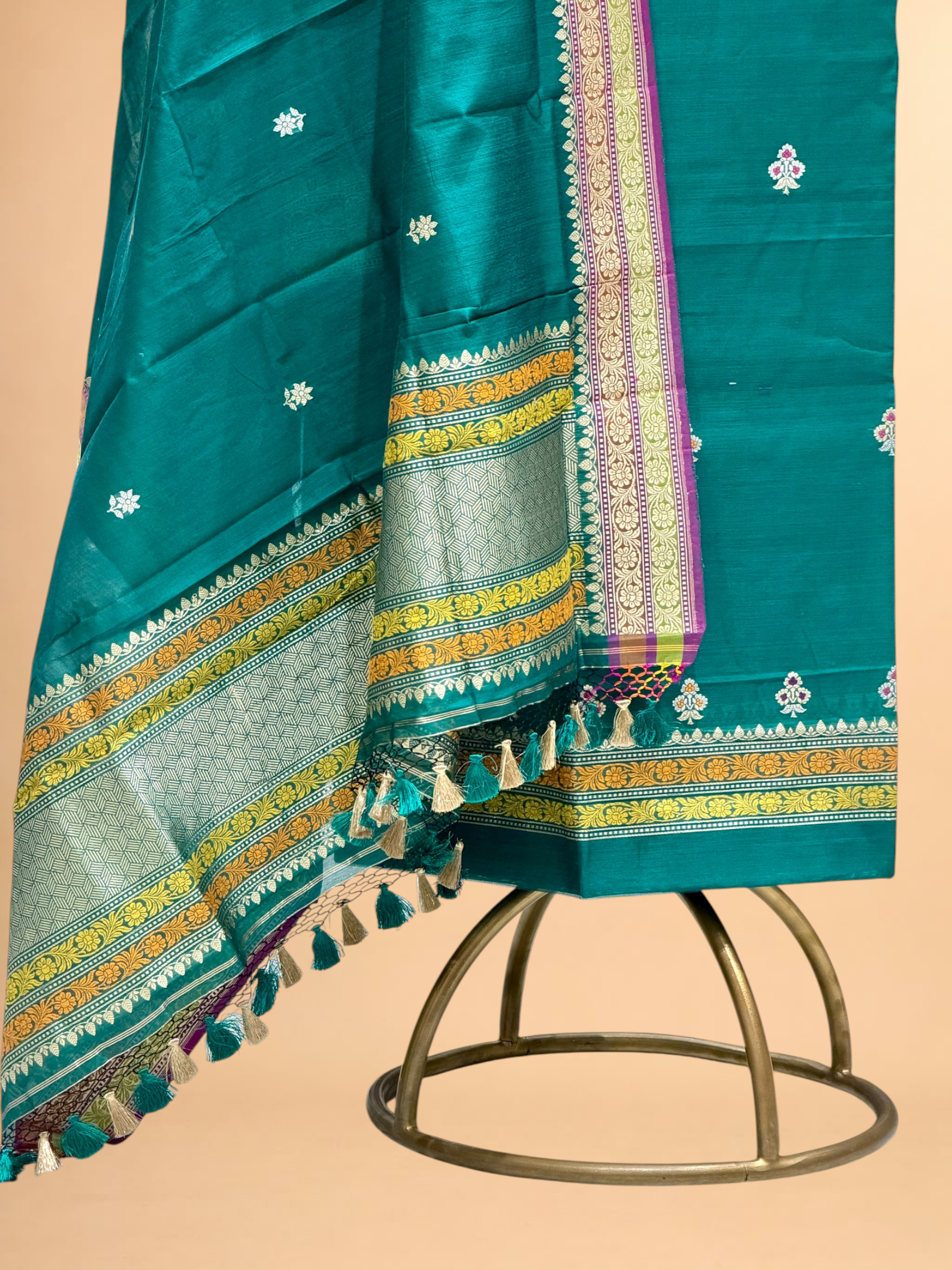 Teal Blue Premium Cotton Banarasi Suit With Meenakari Floral Motif