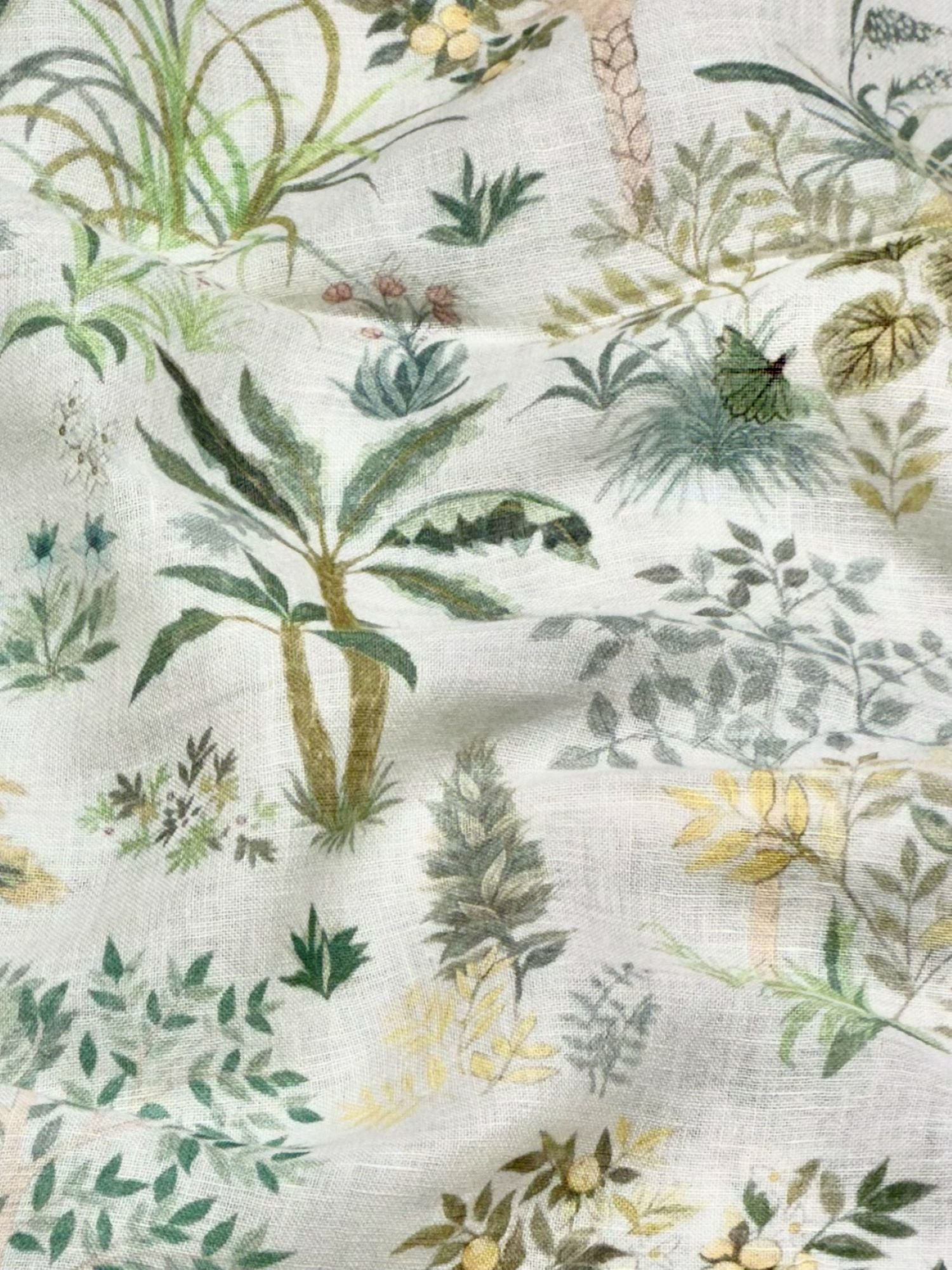 White Linen Printed Fabric with Tropical Botanical Garden Motifs