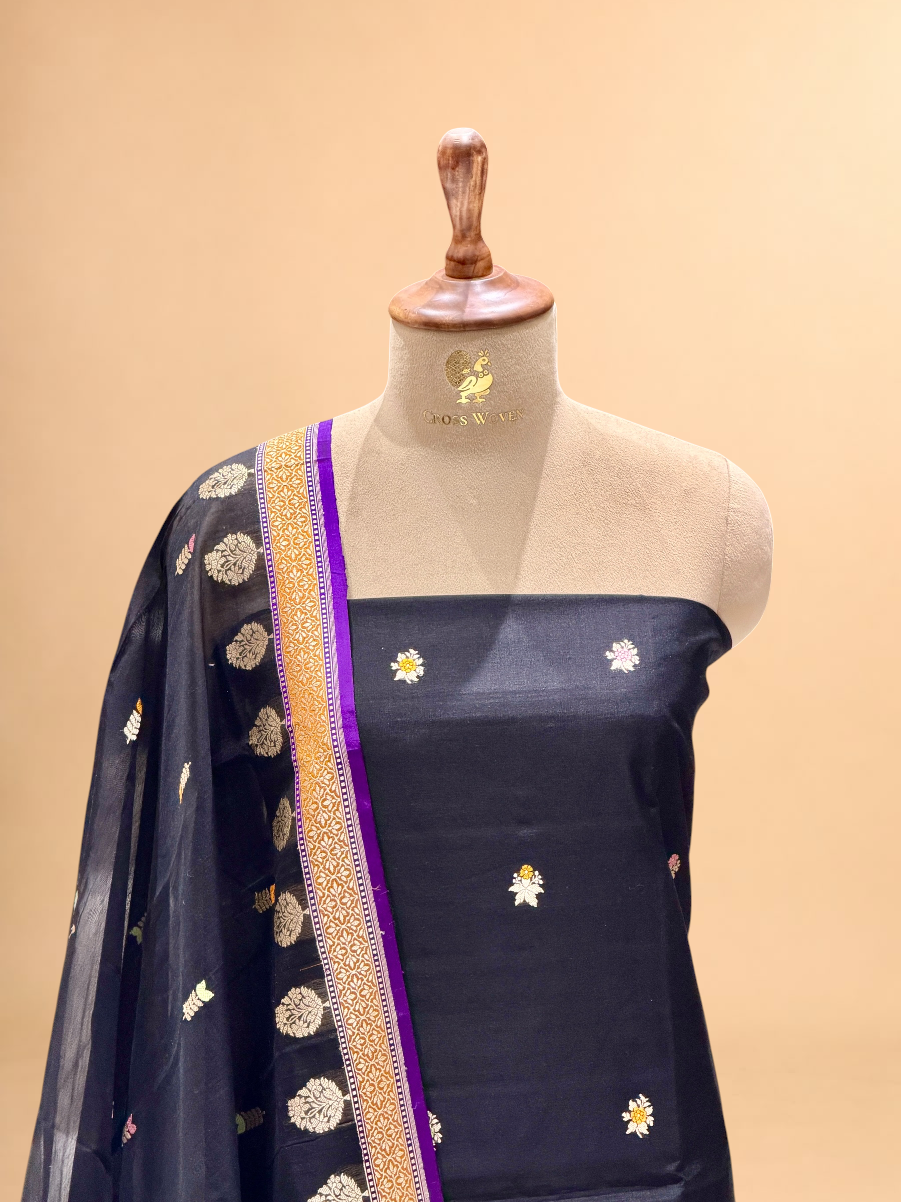 Black Premium Cotton Banarasi Suit With Meenakari Floral Motif