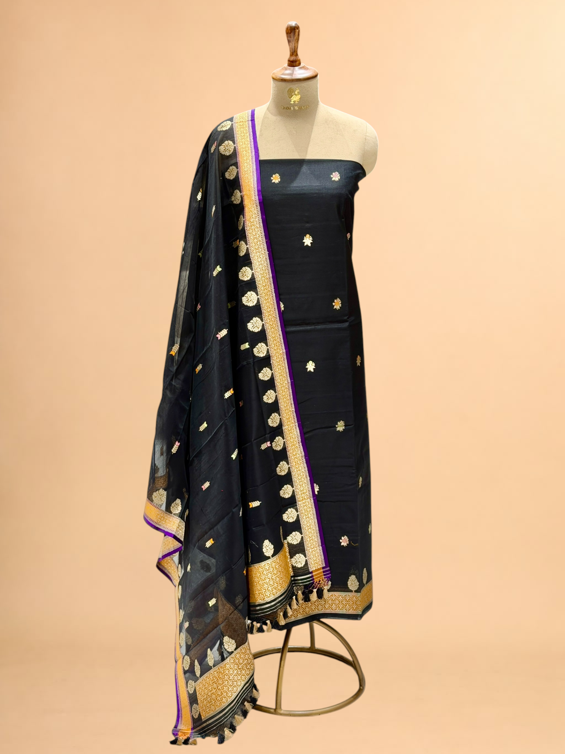 Black Premium Cotton Banarasi Suit With Meenakari Floral Motif