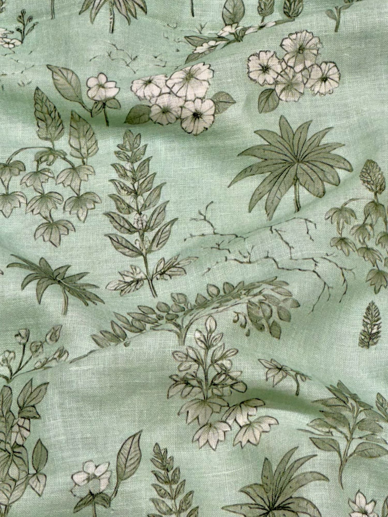 Mint Green Linen Printed Fabric with Botanical Motifs