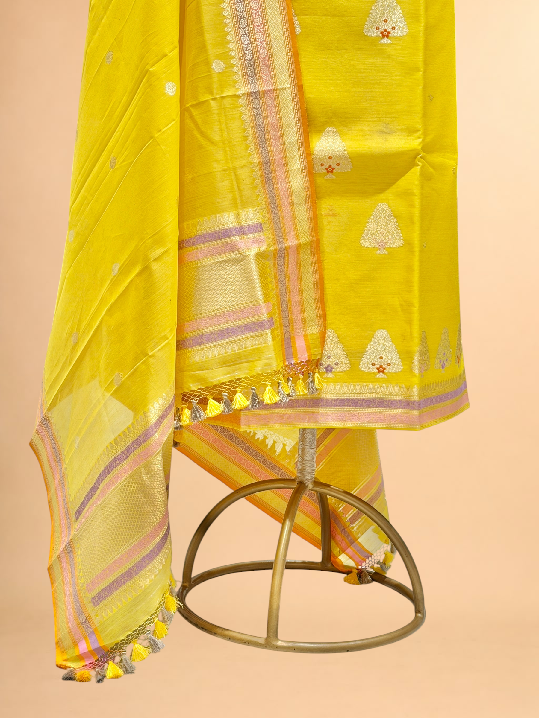 Bright Yellow Premium Cotton Banarasi Suit With Meenakari Floral Motif