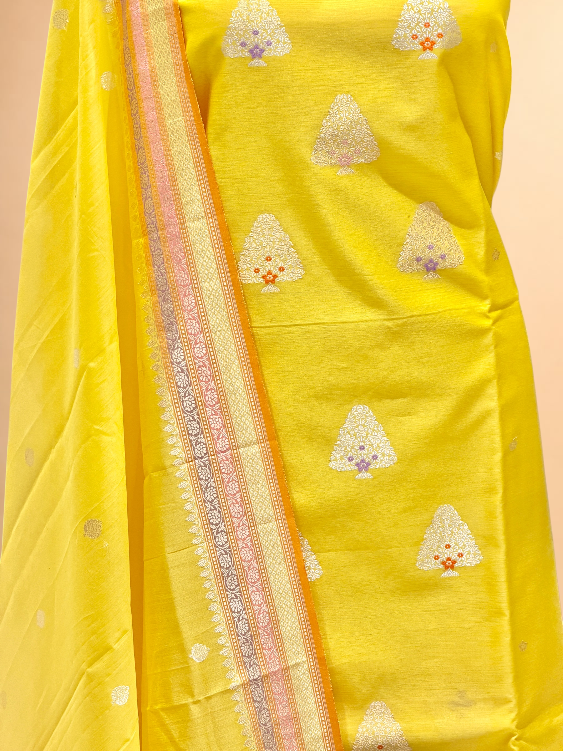 Bright Yellow Premium Cotton Banarasi Suit With Meenakari Floral Motif