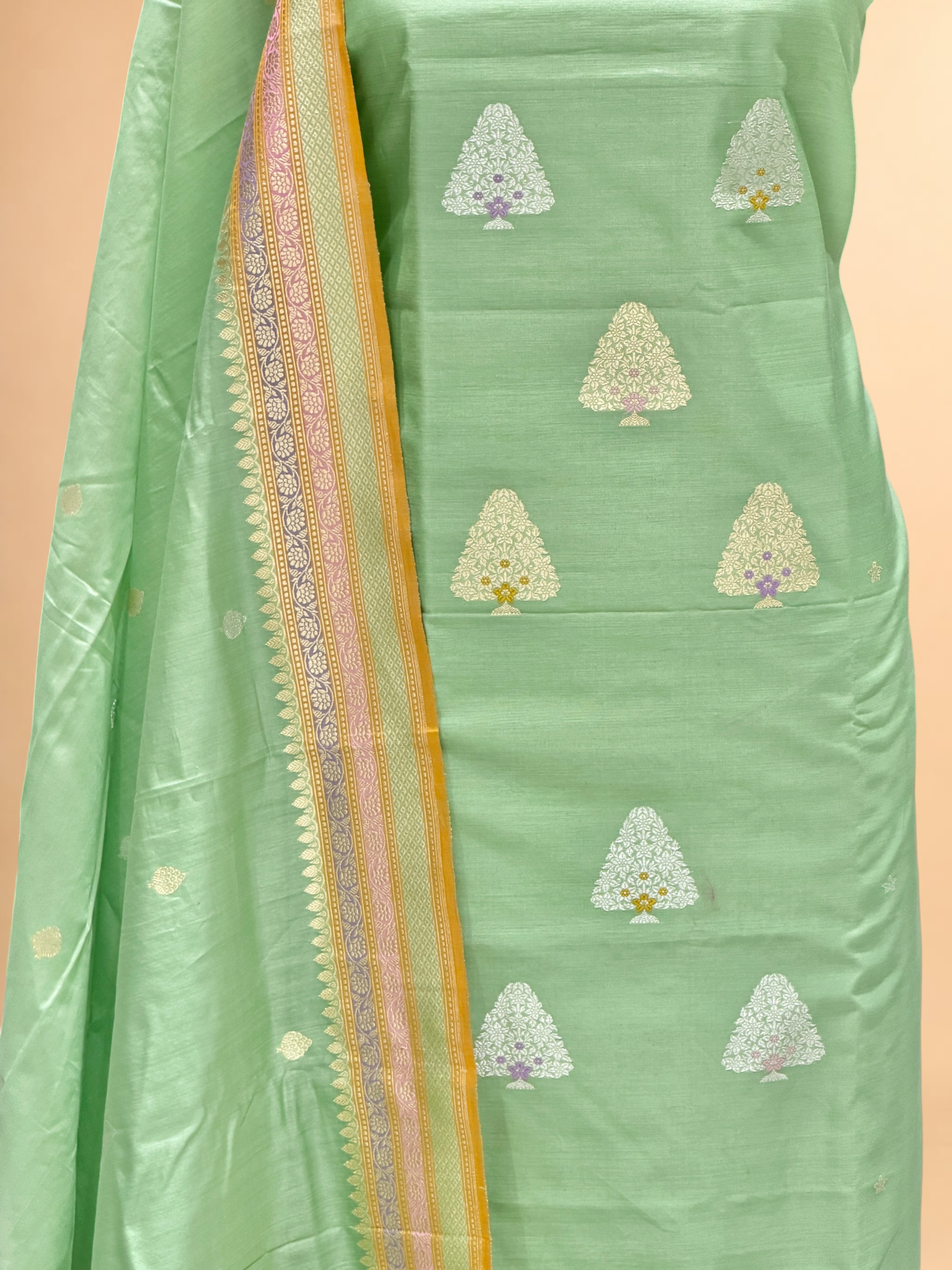 Pista Green Premium Cotton Banarasi Suit With Meenakari Floral Motif