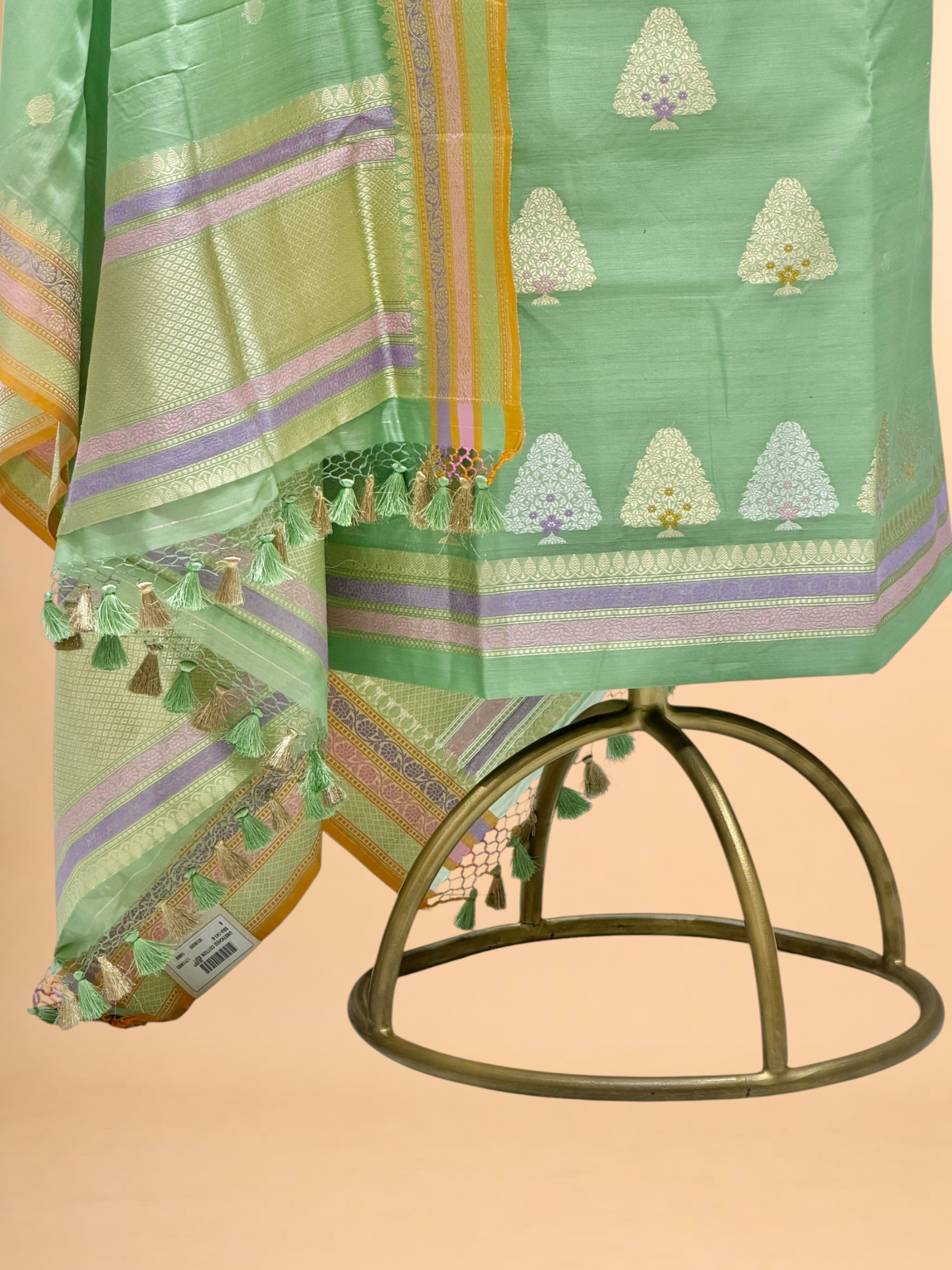 Pista Green Premium Cotton Banarasi Suit With Meenakari Floral Motif
