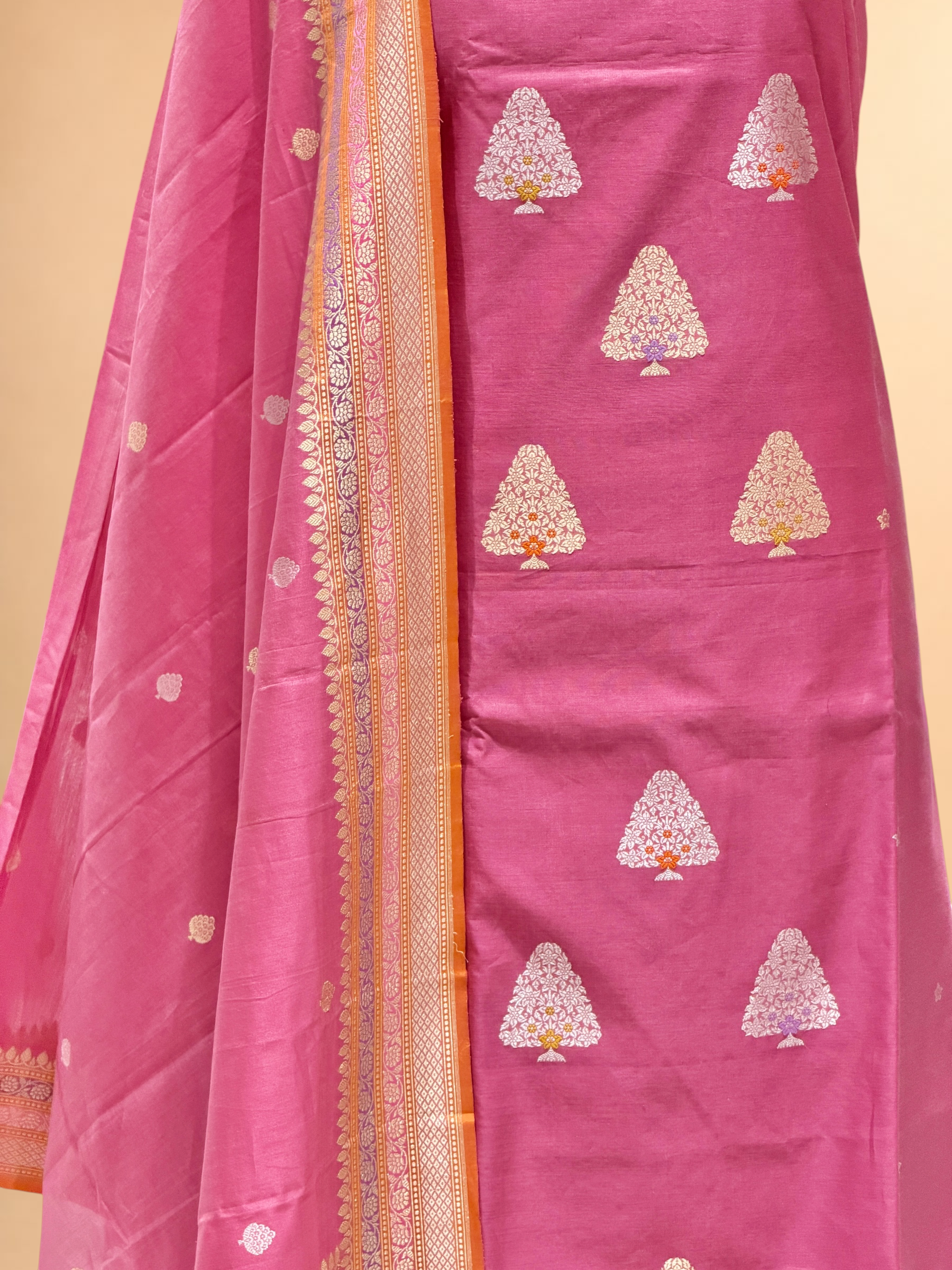 Blush Pink Premium Cotton Banarasi Suit With Meenakari Floral Motif