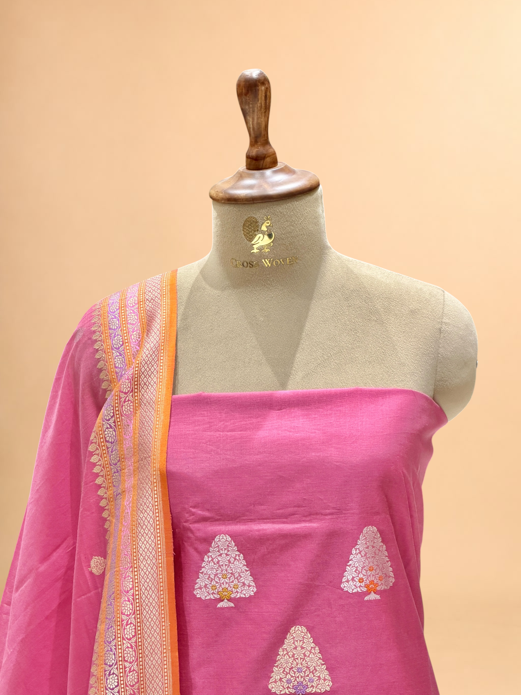 Blush Pink Premium Cotton Banarasi Suit With Meenakari Floral Motif
