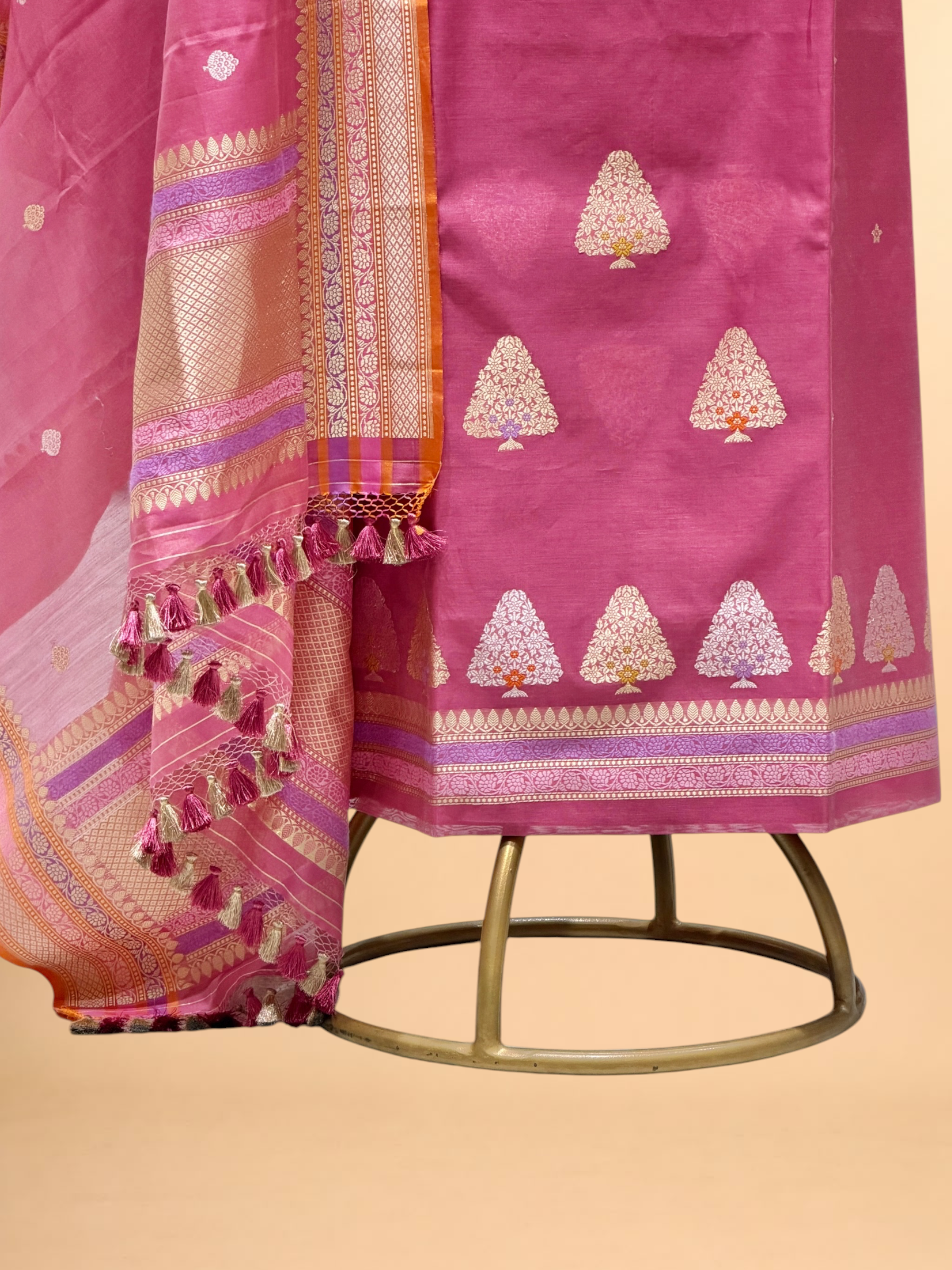 Blush Pink Premium Cotton Banarasi Suit With Meenakari Floral Motif