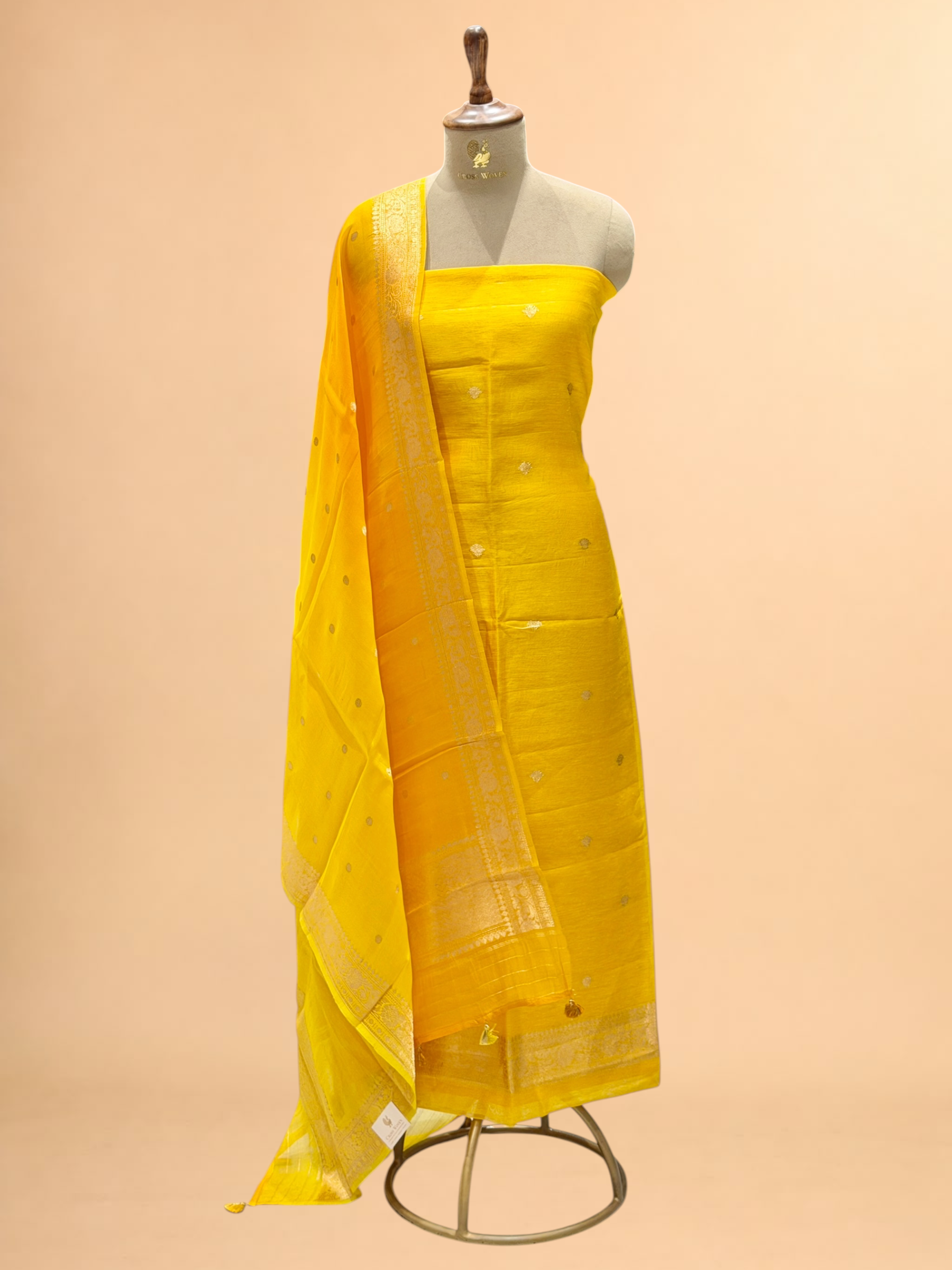 Sunshine Yellow Linen Floral Suit Set with ombré Dupatta