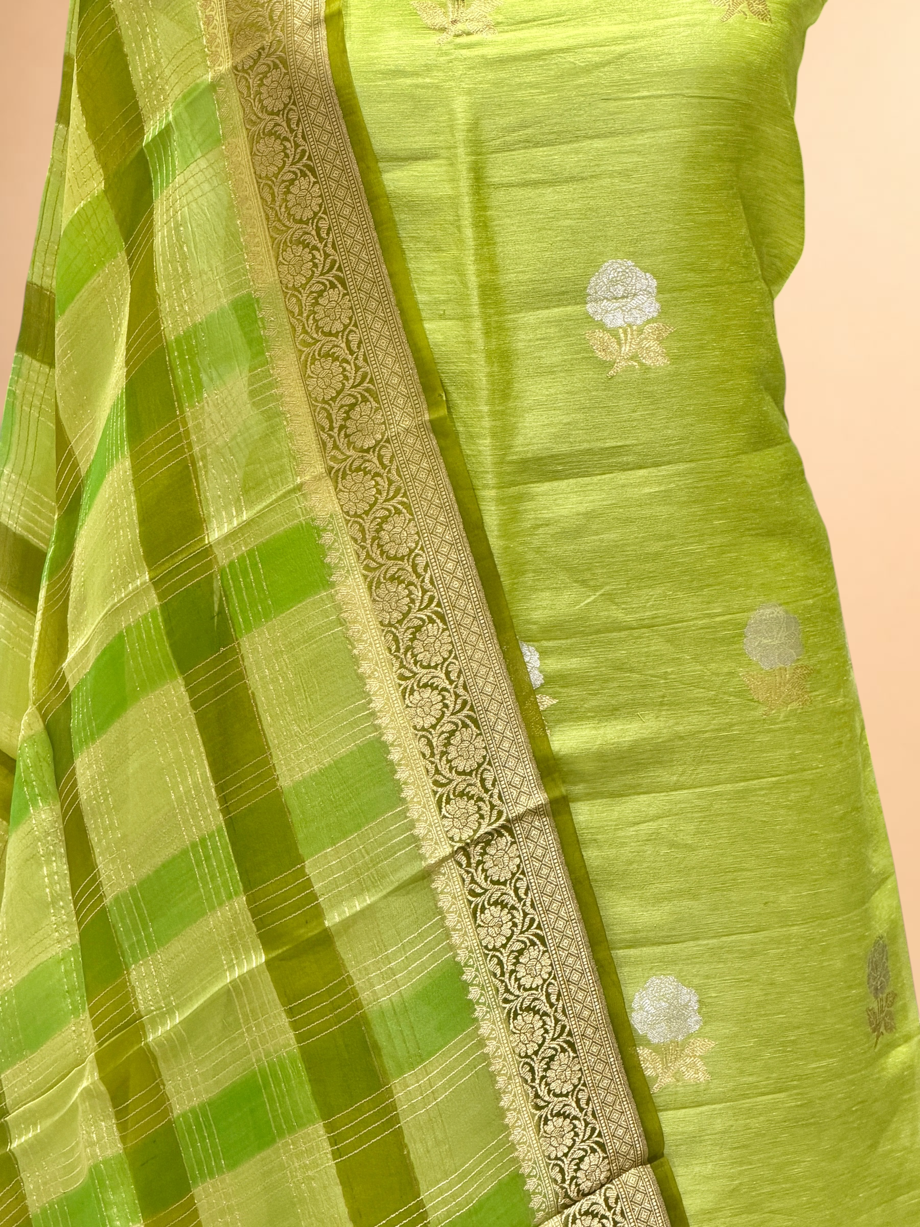 lime Green Linen Floral Suit Set with Organza Dupatta
