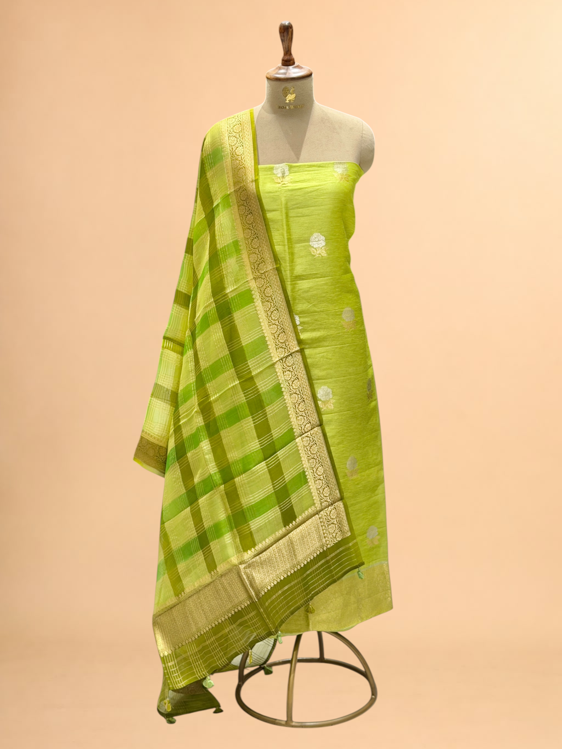 lime Green Linen Floral Suit Set with Organza Dupatta