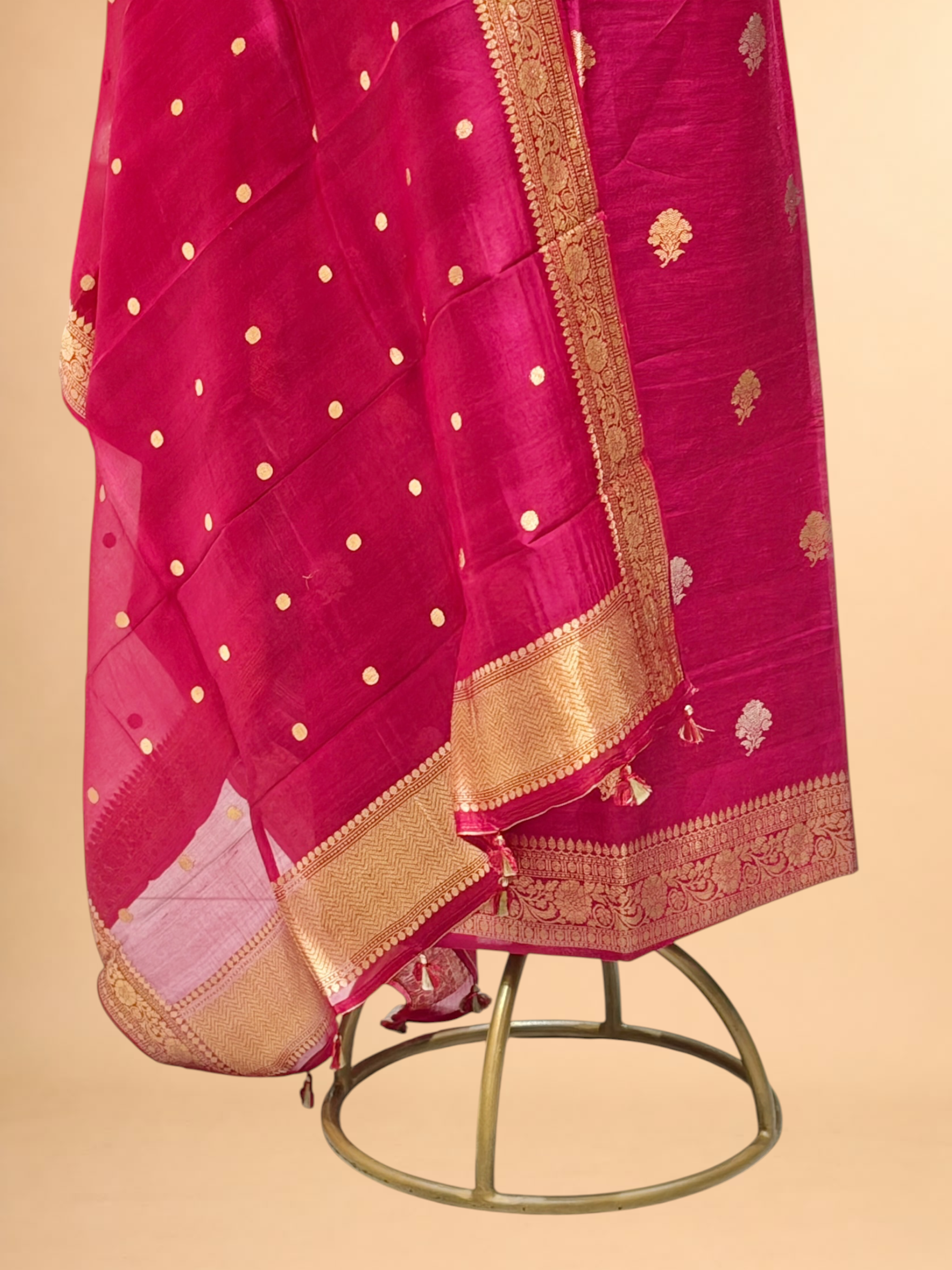 Deep Pink Linen Floral Suit Set with Organza Dupatta