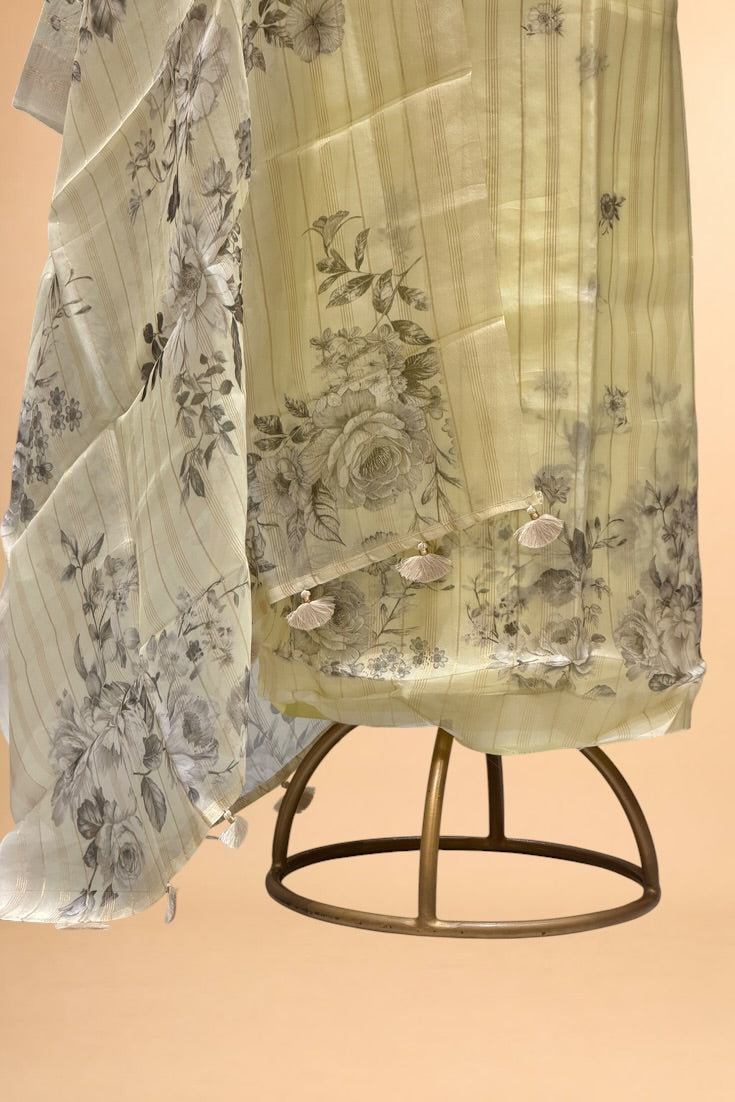 Pastel Yellow Printed Banarasi Pure Organza Silk Suit Set
