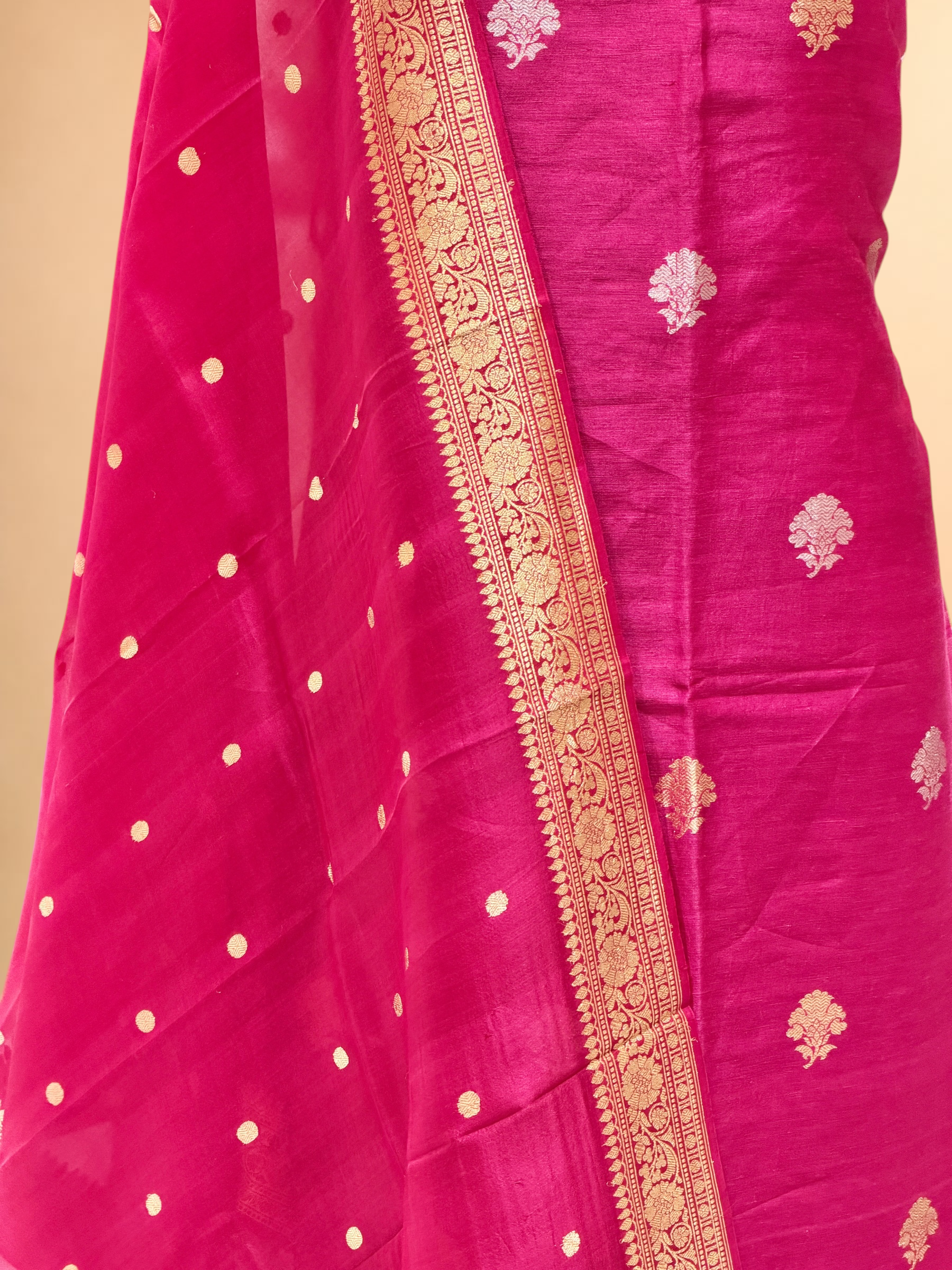 Deep Pink Linen Floral Suit Set with Organza Dupatta