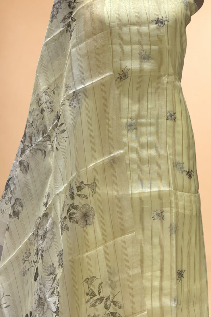 Pastel Yellow Printed Banarasi Pure Organza Silk Suit Set