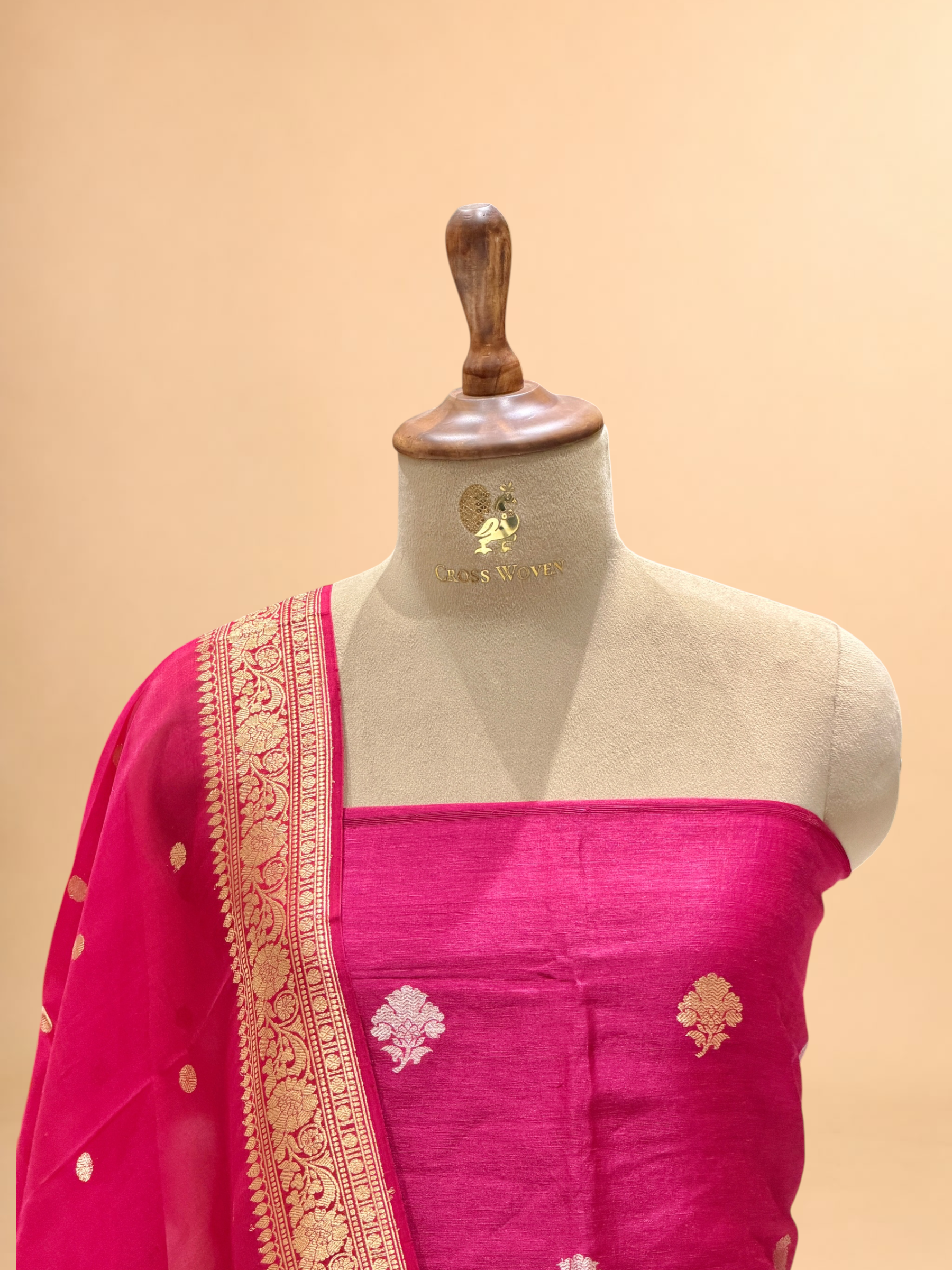 Deep Pink Linen Floral Suit Set with Organza Dupatta